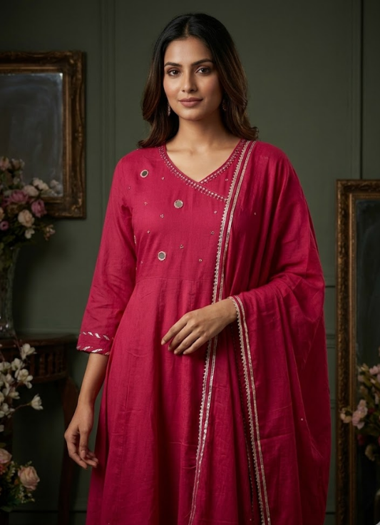 Berry Rose Mirror-Accent Cotton Kurta Set with Dupatta