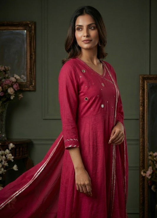 Berry Rose Mirror-Accent Cotton Kurta Set with Dupatta