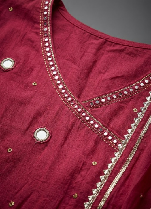 Berry Rose Mirror-Accent Cotton Kurta Set with Dupatta