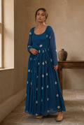 Midnight Blue Floral Printed Anarkali Dress