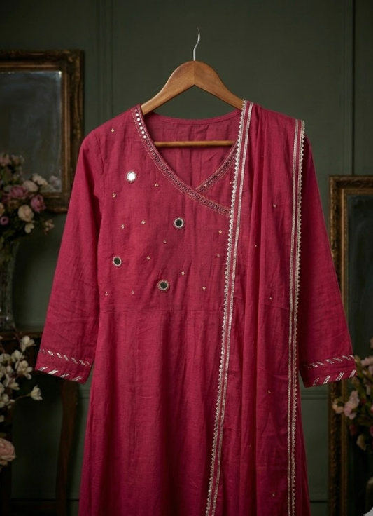 Berry Rose Mirror-Accent Cotton Kurta Set with Dupatta