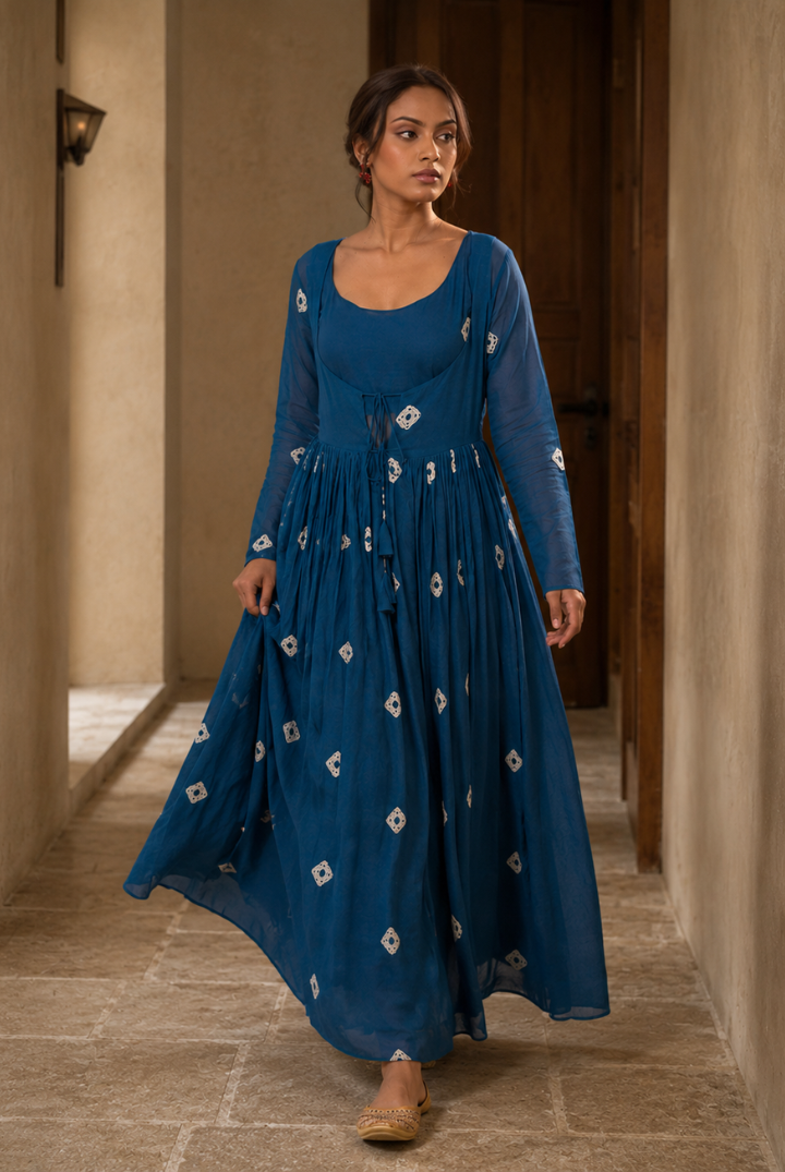 Midnight Blue Floral Printed Anarkali Dress