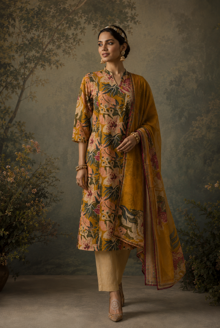 Mustard Tropical Floral Printed Kurta Set with Dupatta