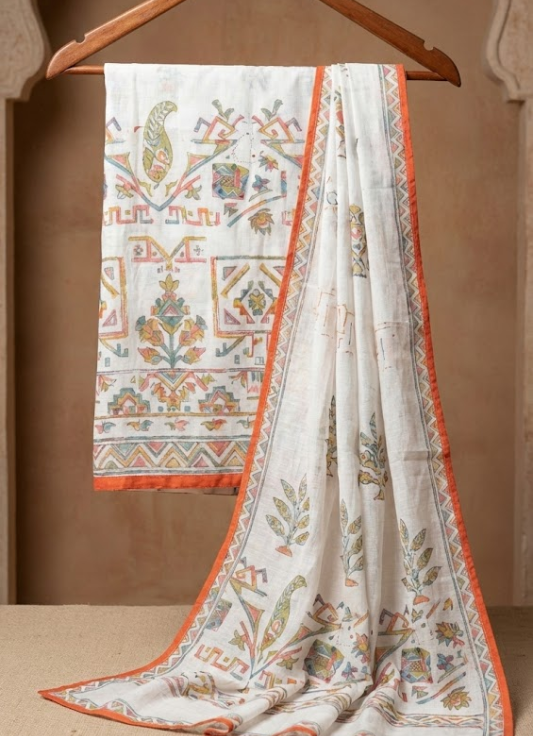 Off-White Printed Cotton Kurta Set with Dupatta