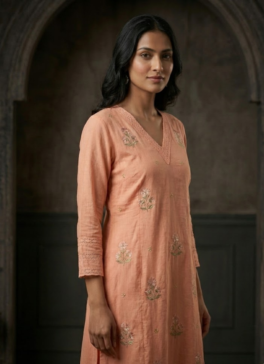 Soft Peach Embroidered Cotton Kurta