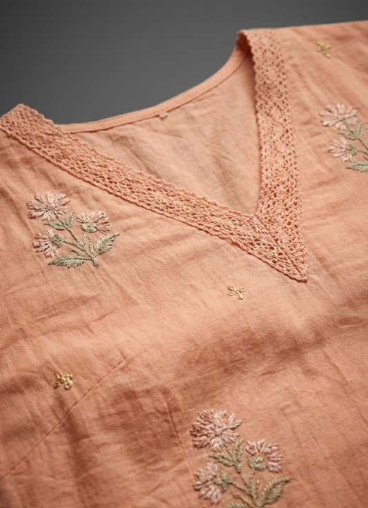 Soft Peach Embroidered Cotton Kurta