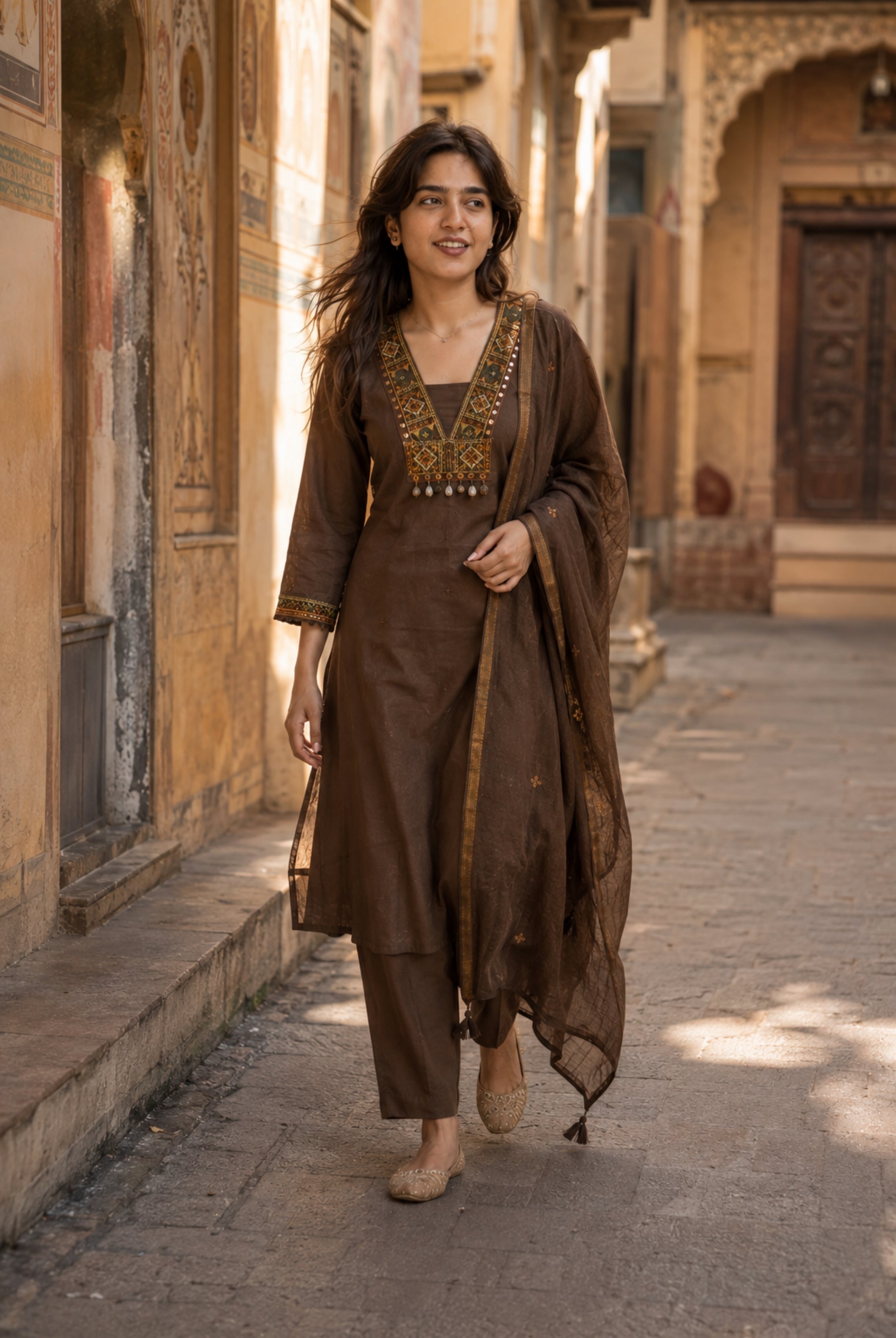 Chocolate Brown Embroidered Kurta Set with Dupatta