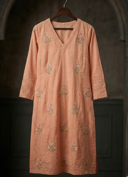 Soft Peach Embroidered Cotton Kurta