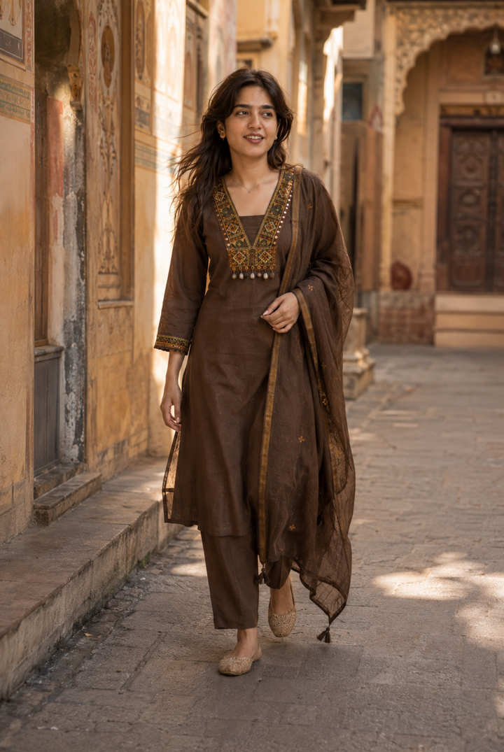 Brown Embroidered Straight Kurta Set with Dupatta