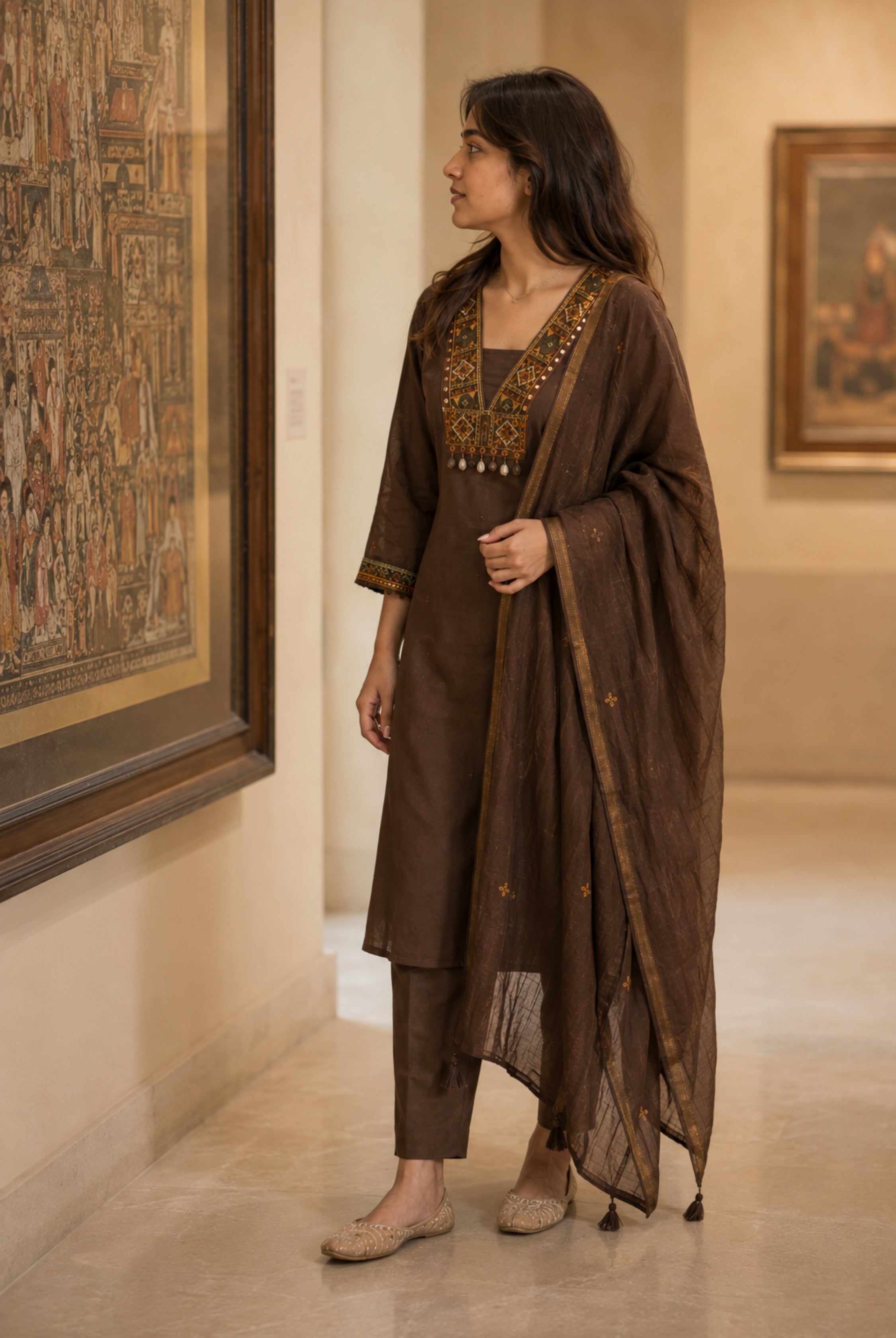 Chocolate Brown Embroidered Kurta Set with Dupatta