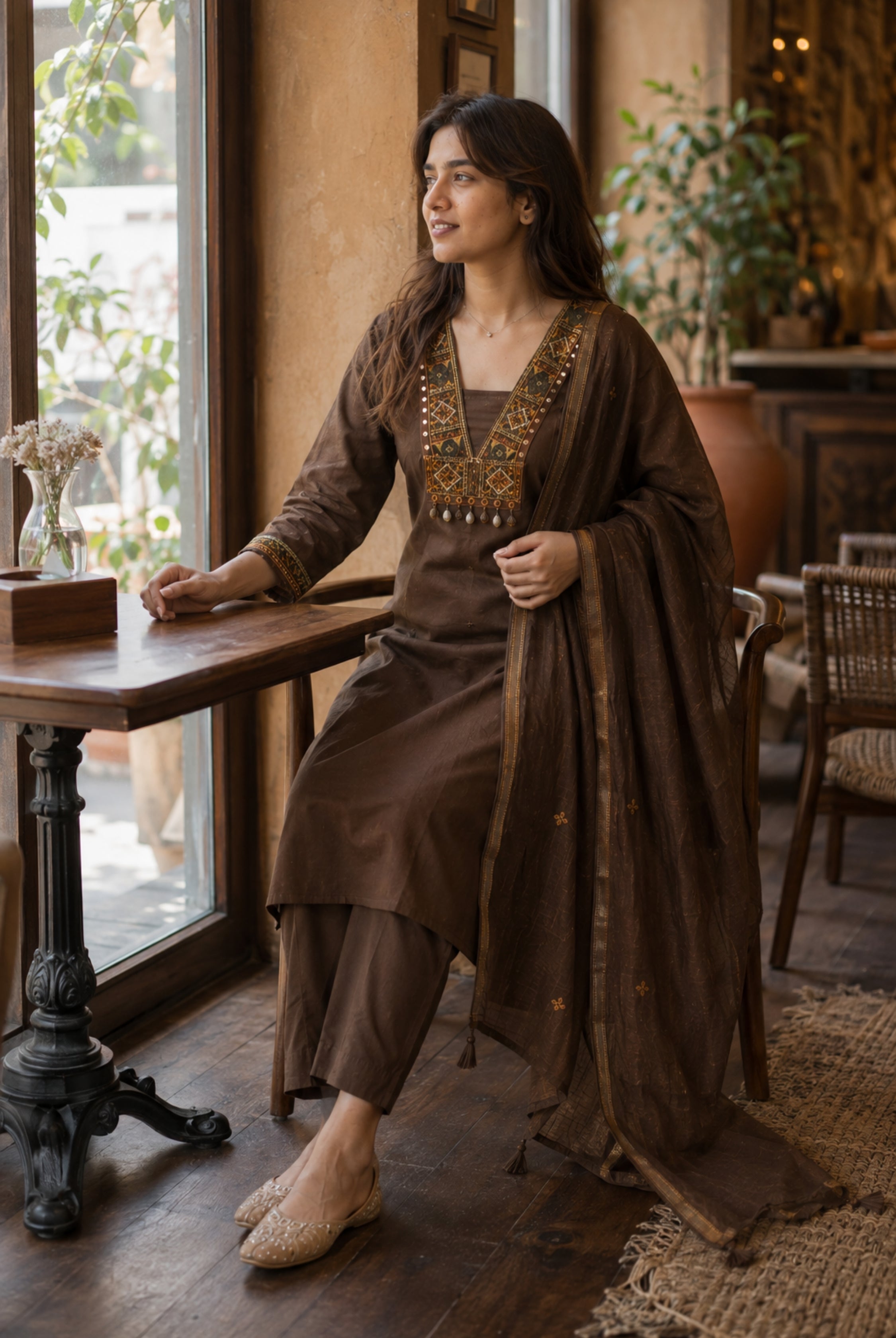 Chocolate Brown Embroidered Kurta Set with Dupatta