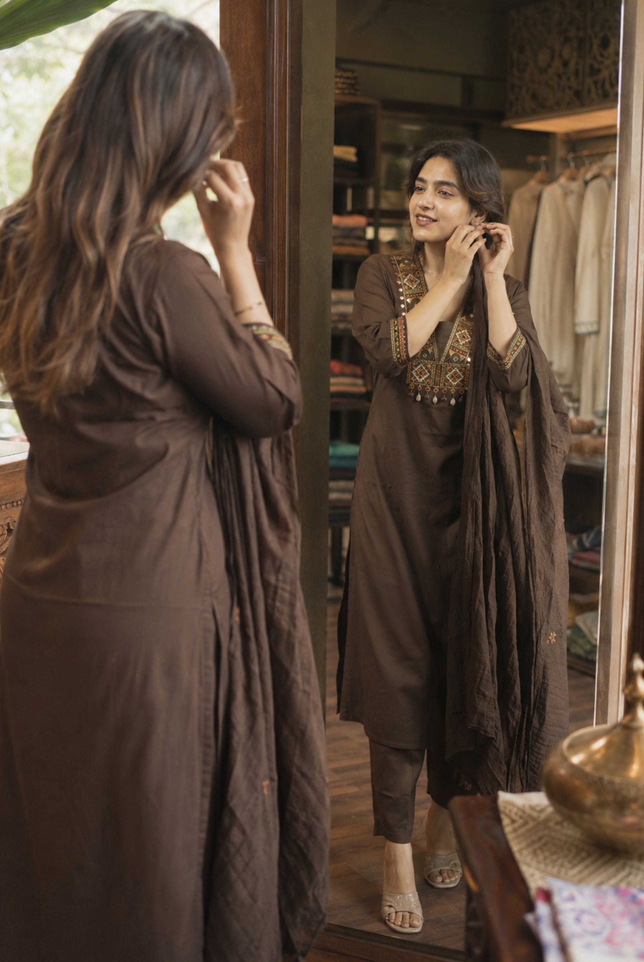 Chocolate Brown Embroidered Kurta Set with Dupatta