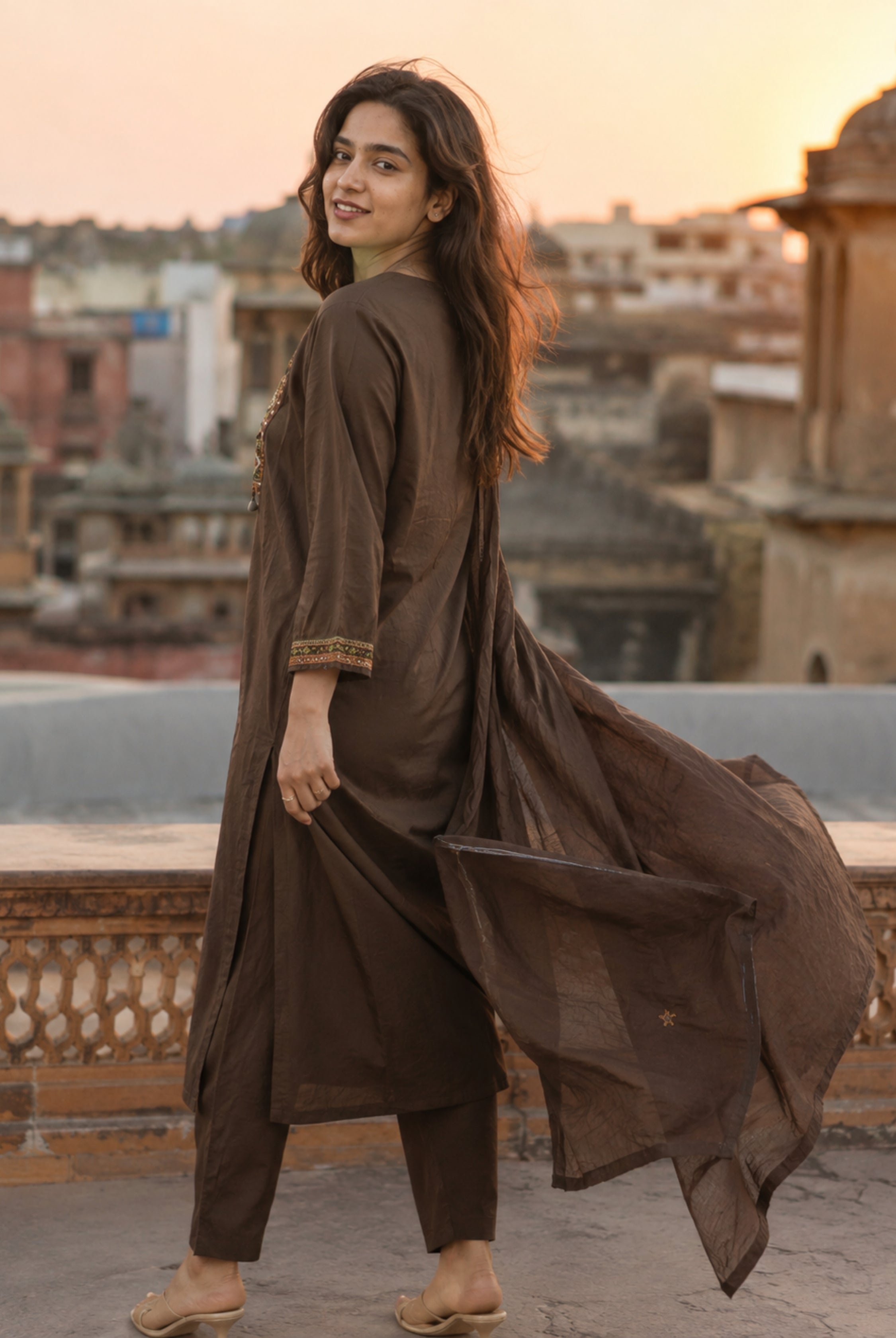 Chocolate Brown Embroidered Kurta Set with Dupatta