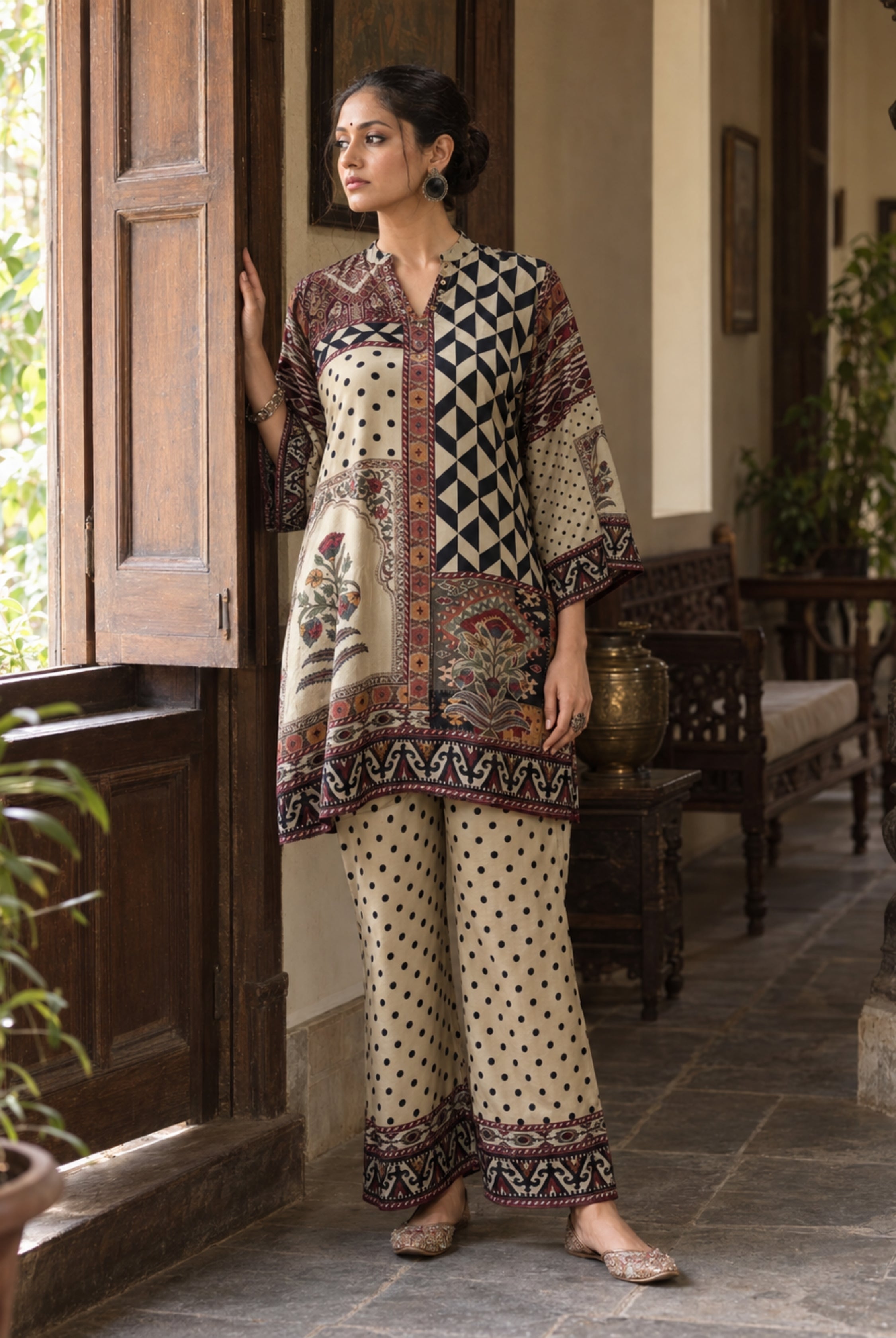 Ivory & Maroon Printed Kurta Pant Set