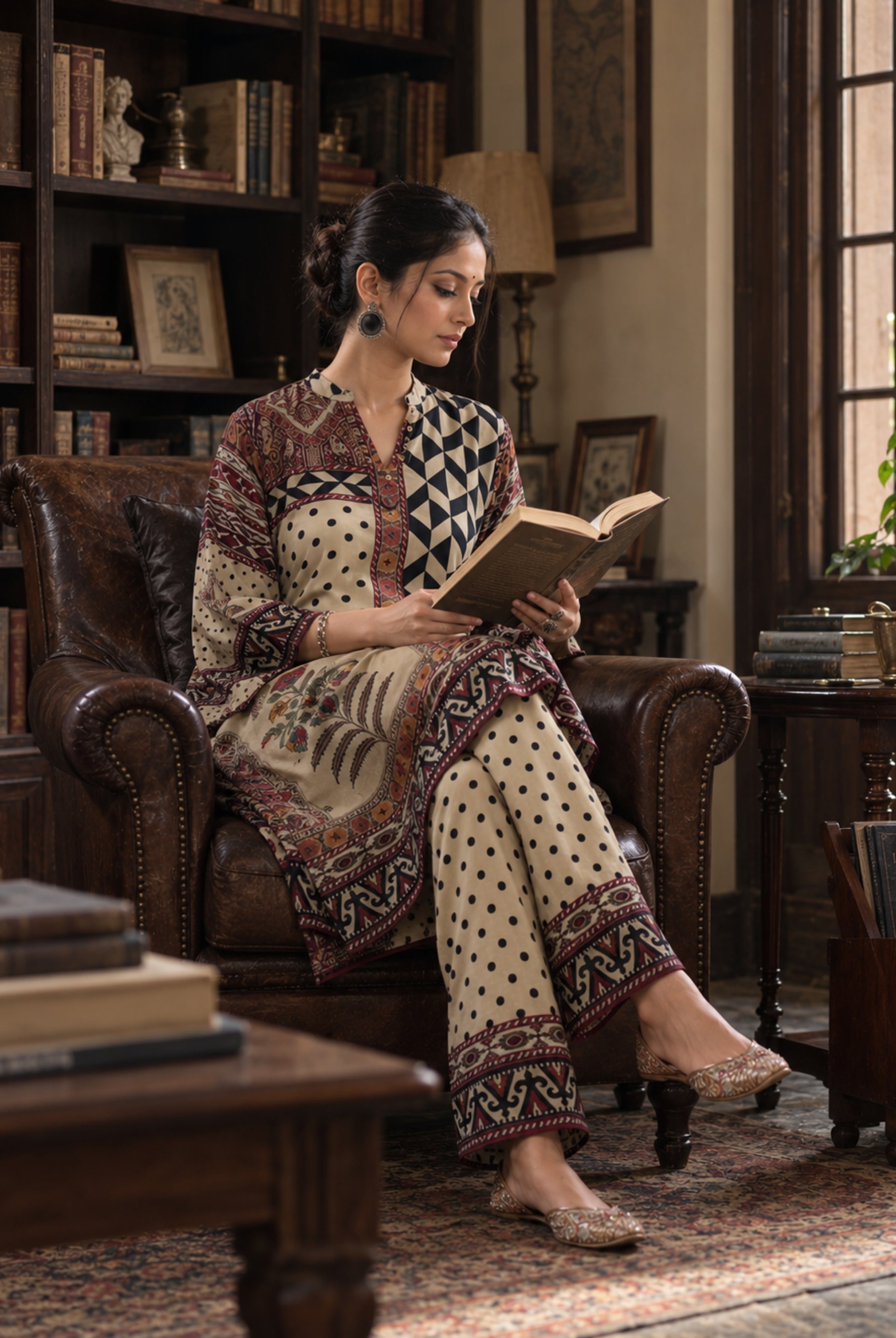 Ivory & Maroon Printed Kurta Pant Set