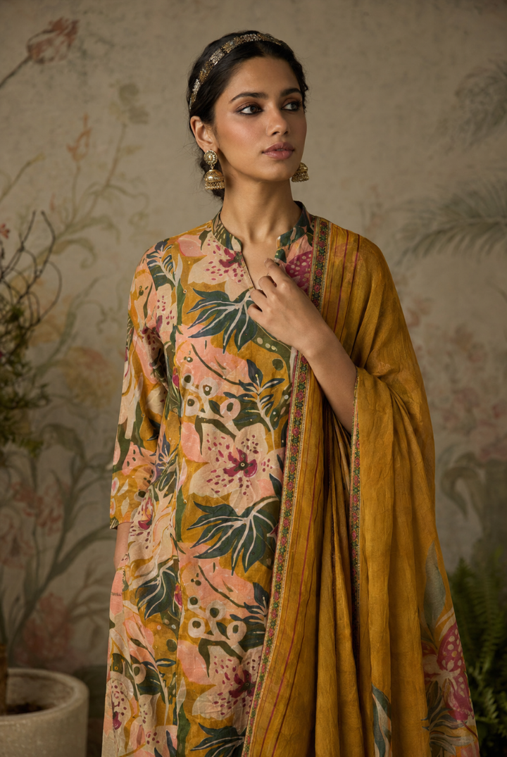 Mustard Tropical Floral Printed Kurta Set with Dupatta