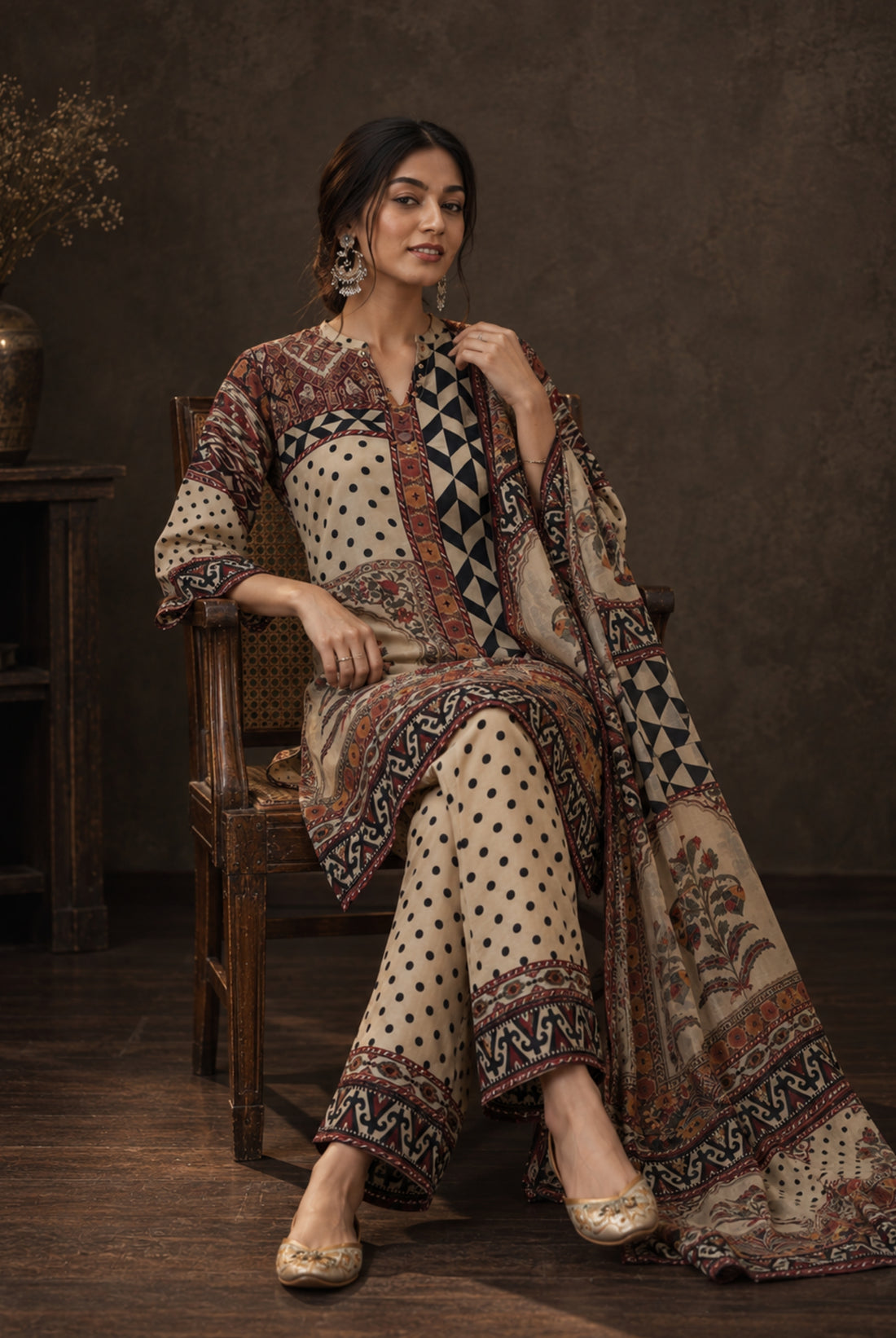 Ivory & Maroon Printed Kurta Pant Set