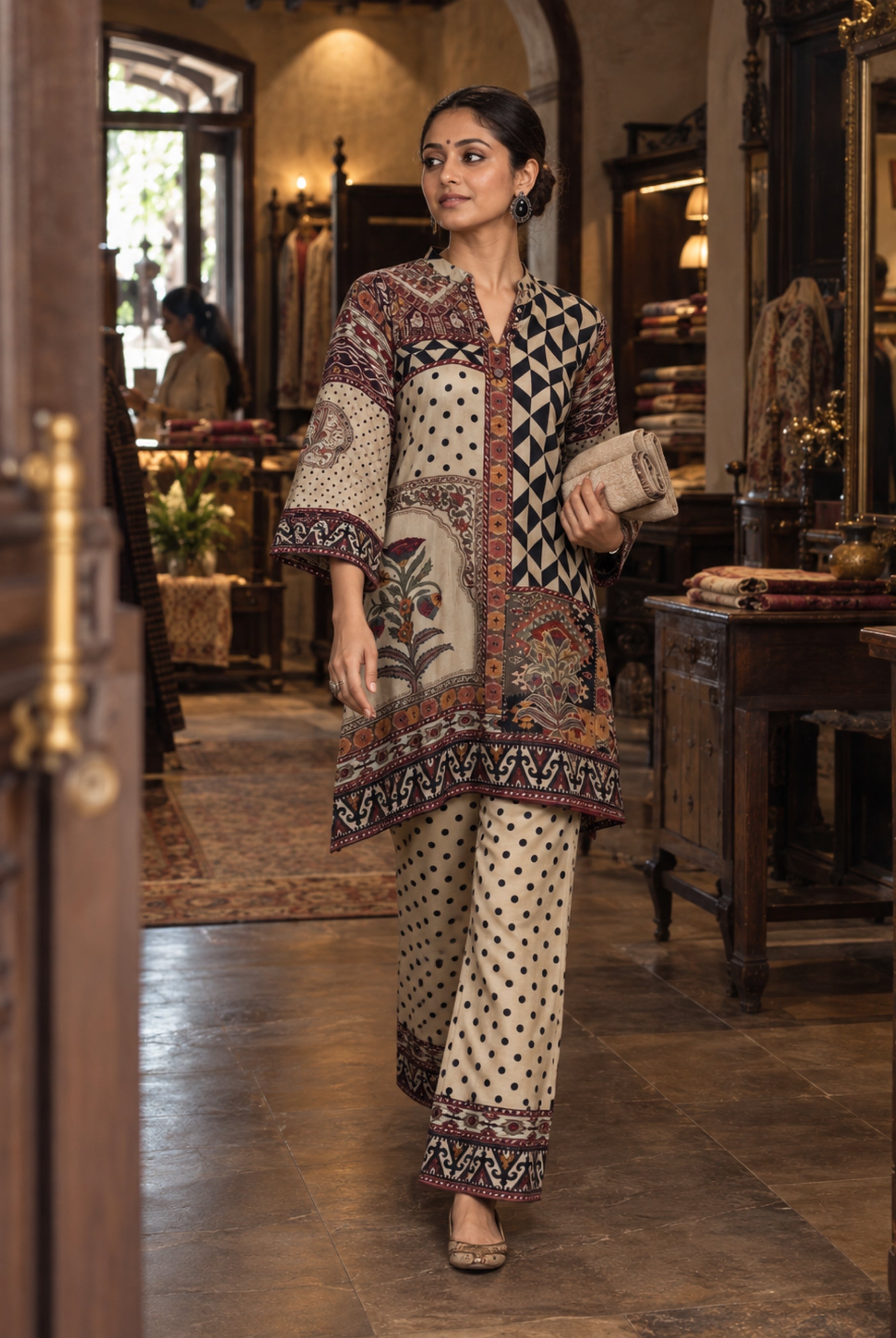 Ivory & Maroon Printed Kurta Pant Set