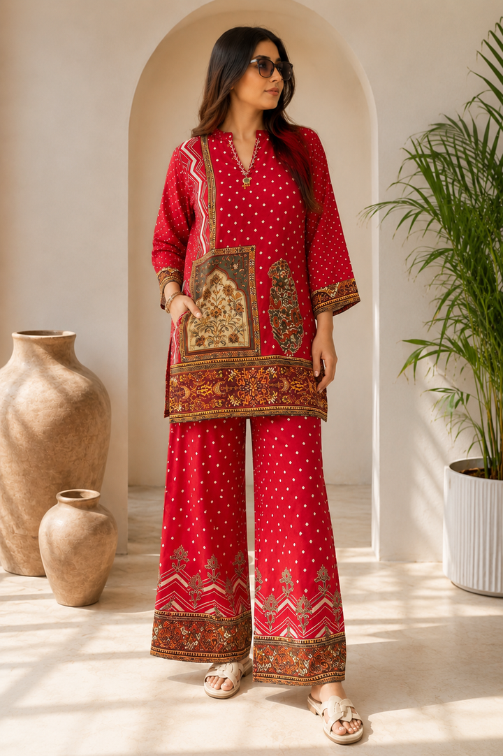 CRIMSON RED PURE CREPE COORD SET