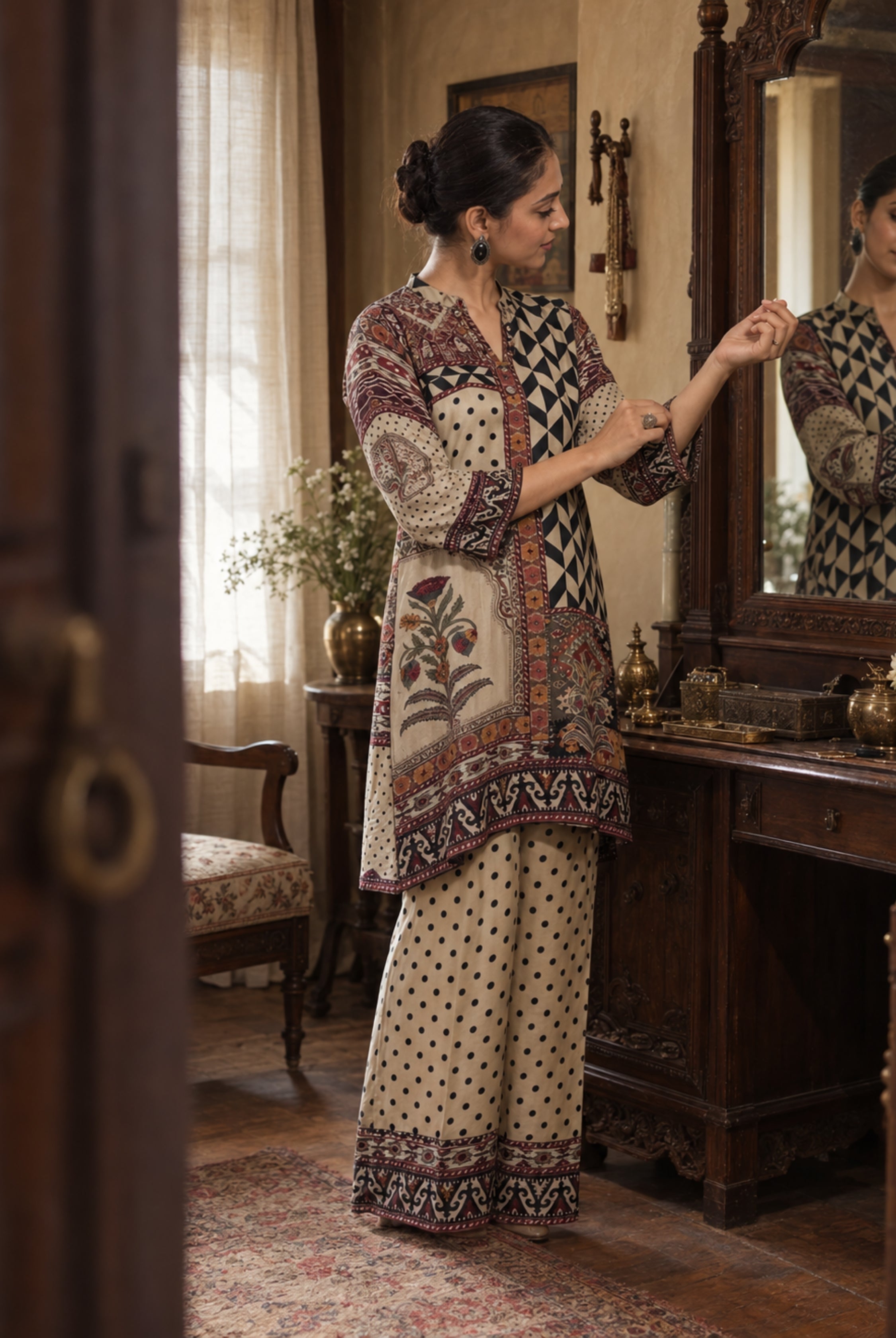 Ivory & Maroon Printed Kurta Pant Set