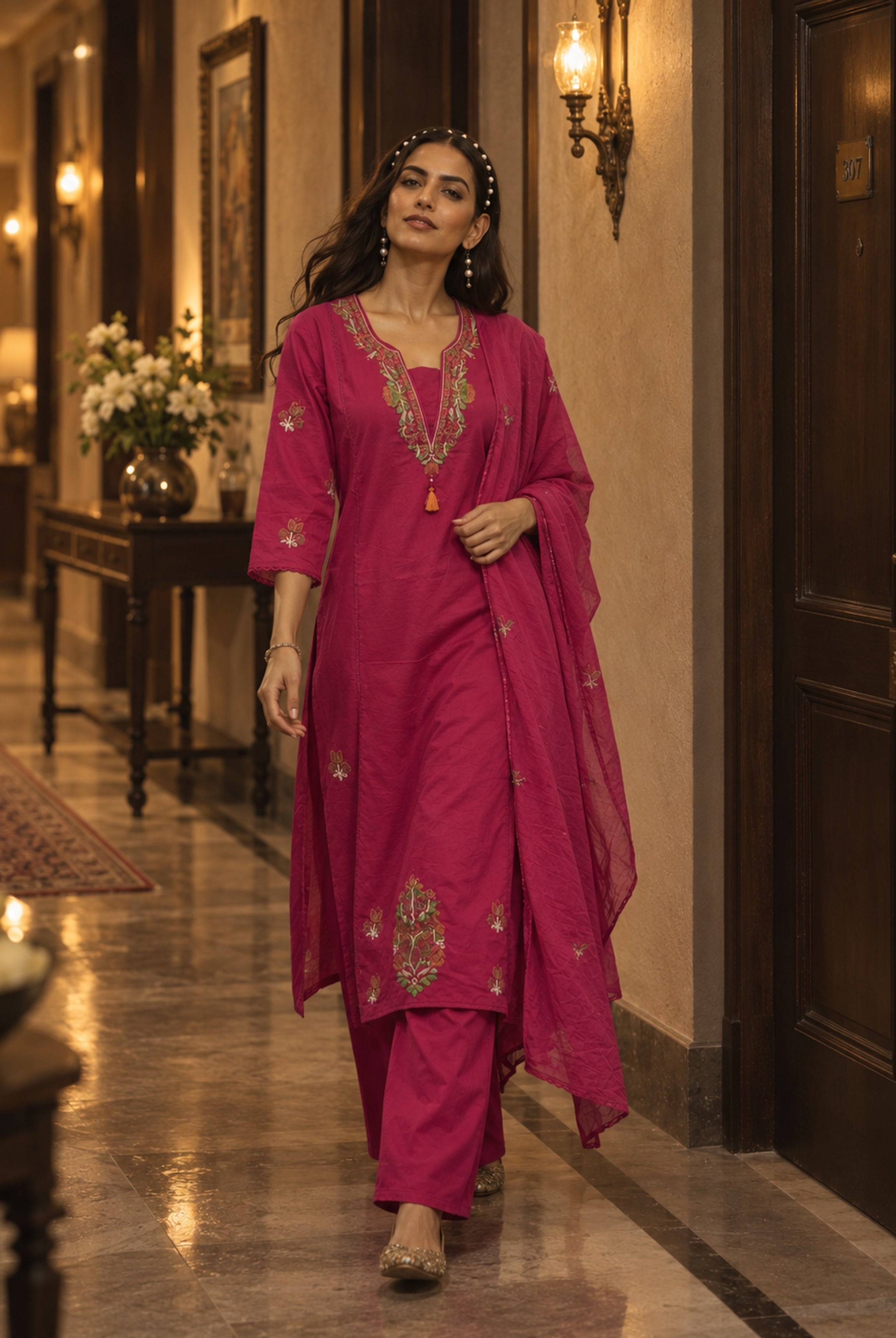 Berry Pink Embroidered Kurta Set with Dupatta