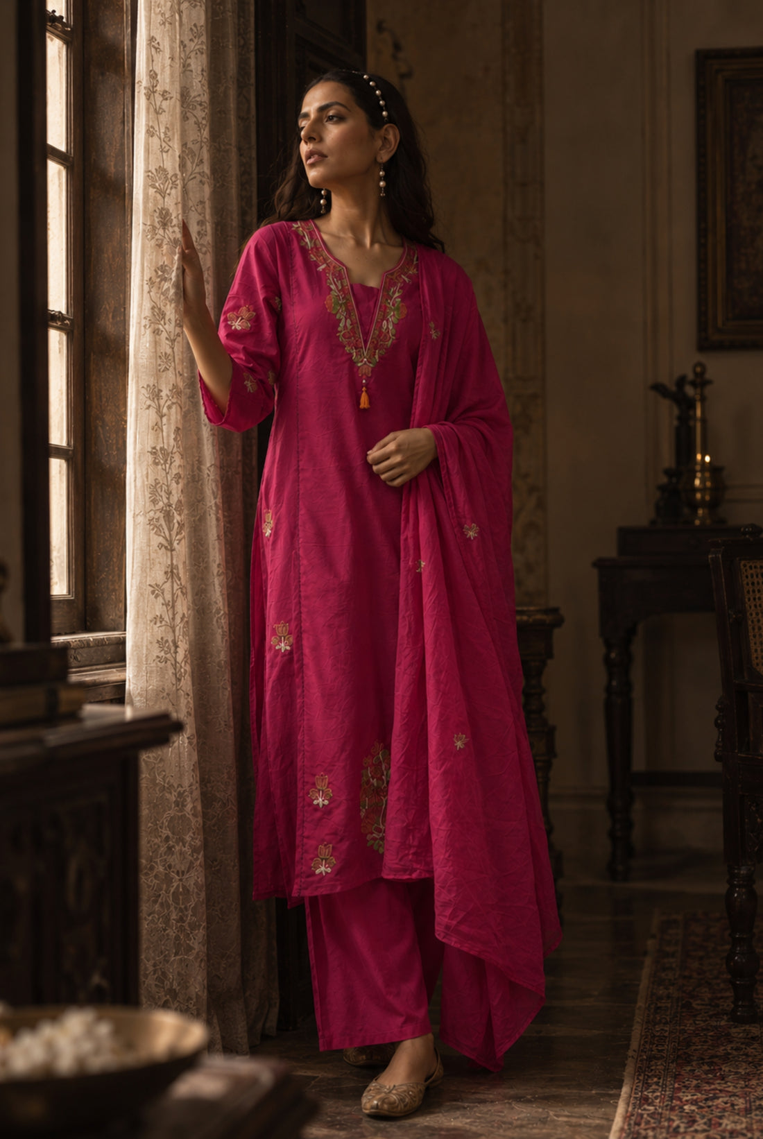 Berry Pink Embroidered Kurta Set with Dupatta