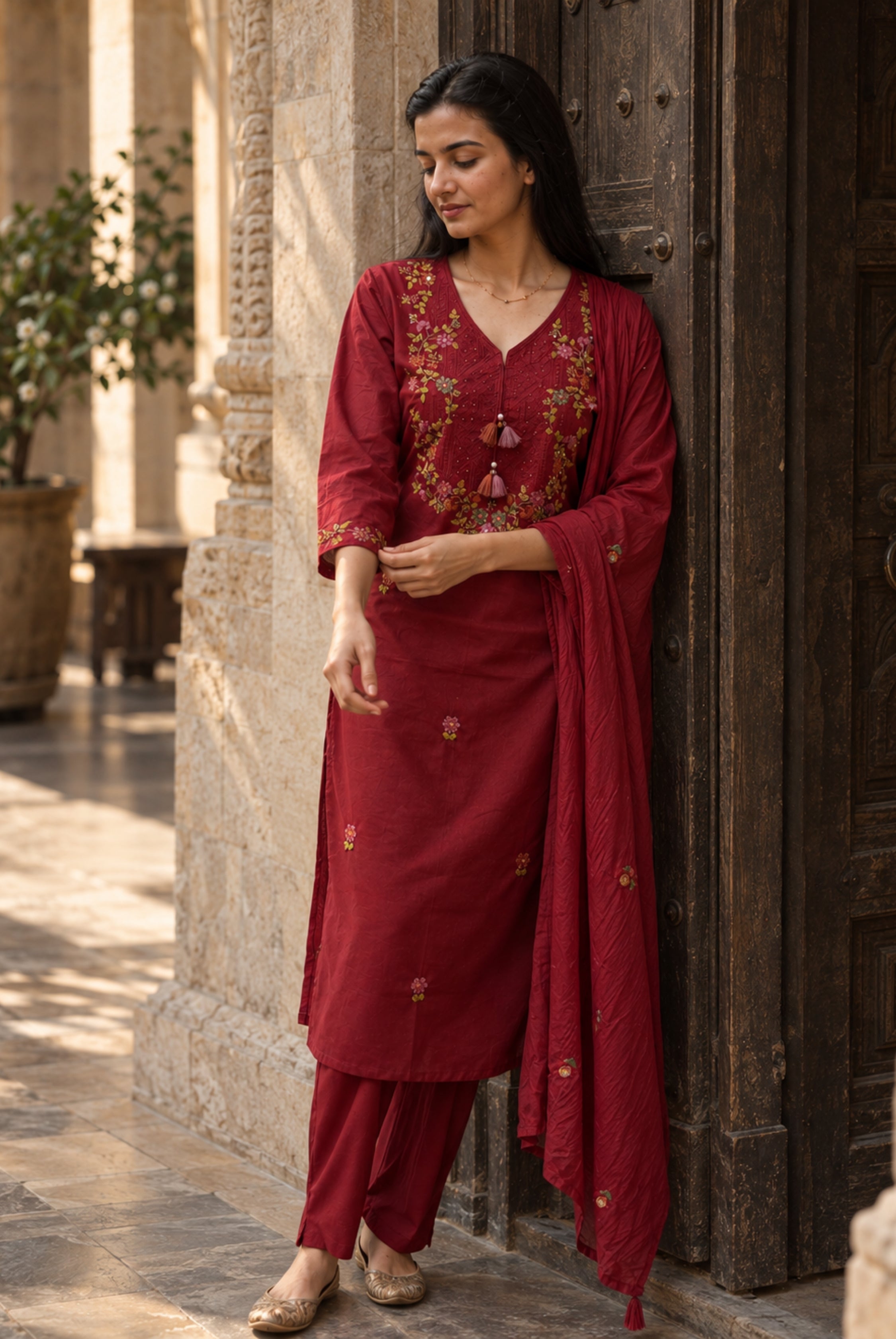 Maroon Floral Embroidered 3-Piece Kurta Set
