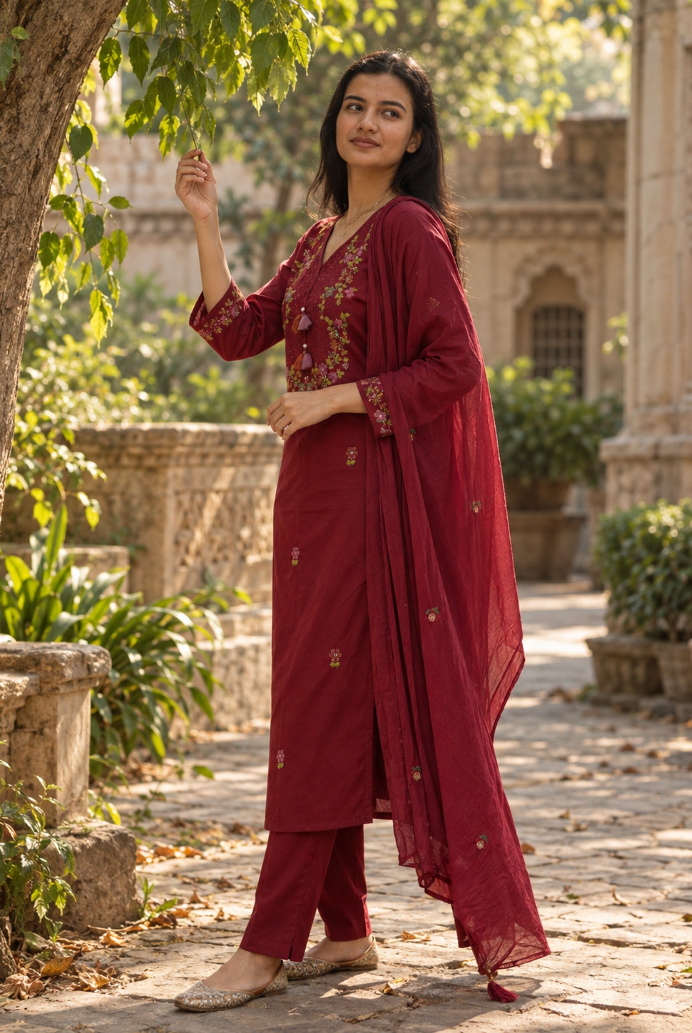 Maroon Floral Embroidered 3-Piece Kurta Set