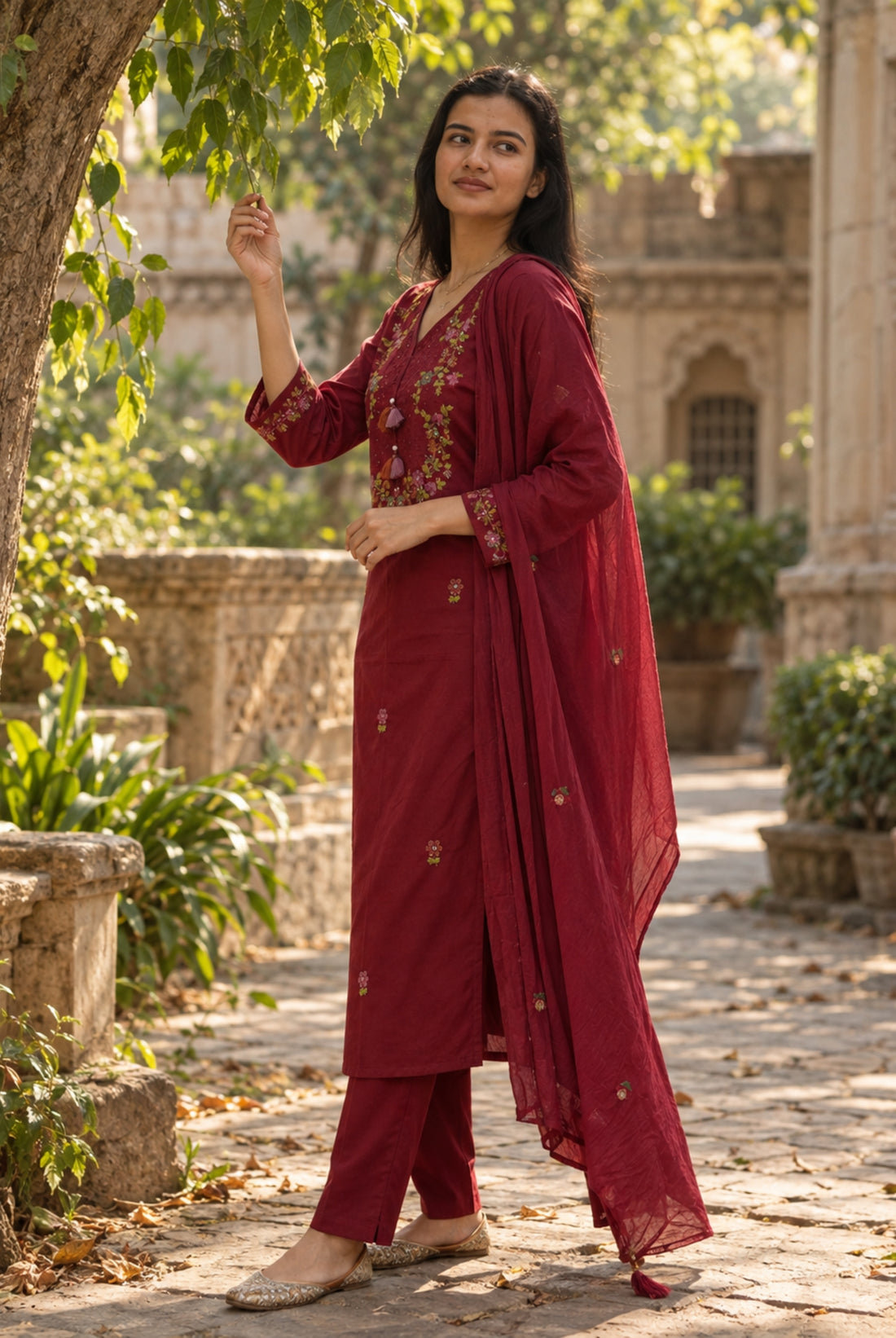Maroon Floral Embroidered 3-Piece Kurta Set
