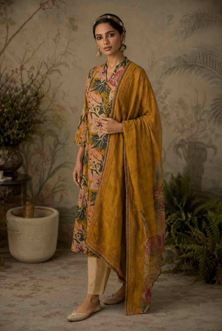 Mustard Tropical Floral Printed Kurta Set with Dupatta