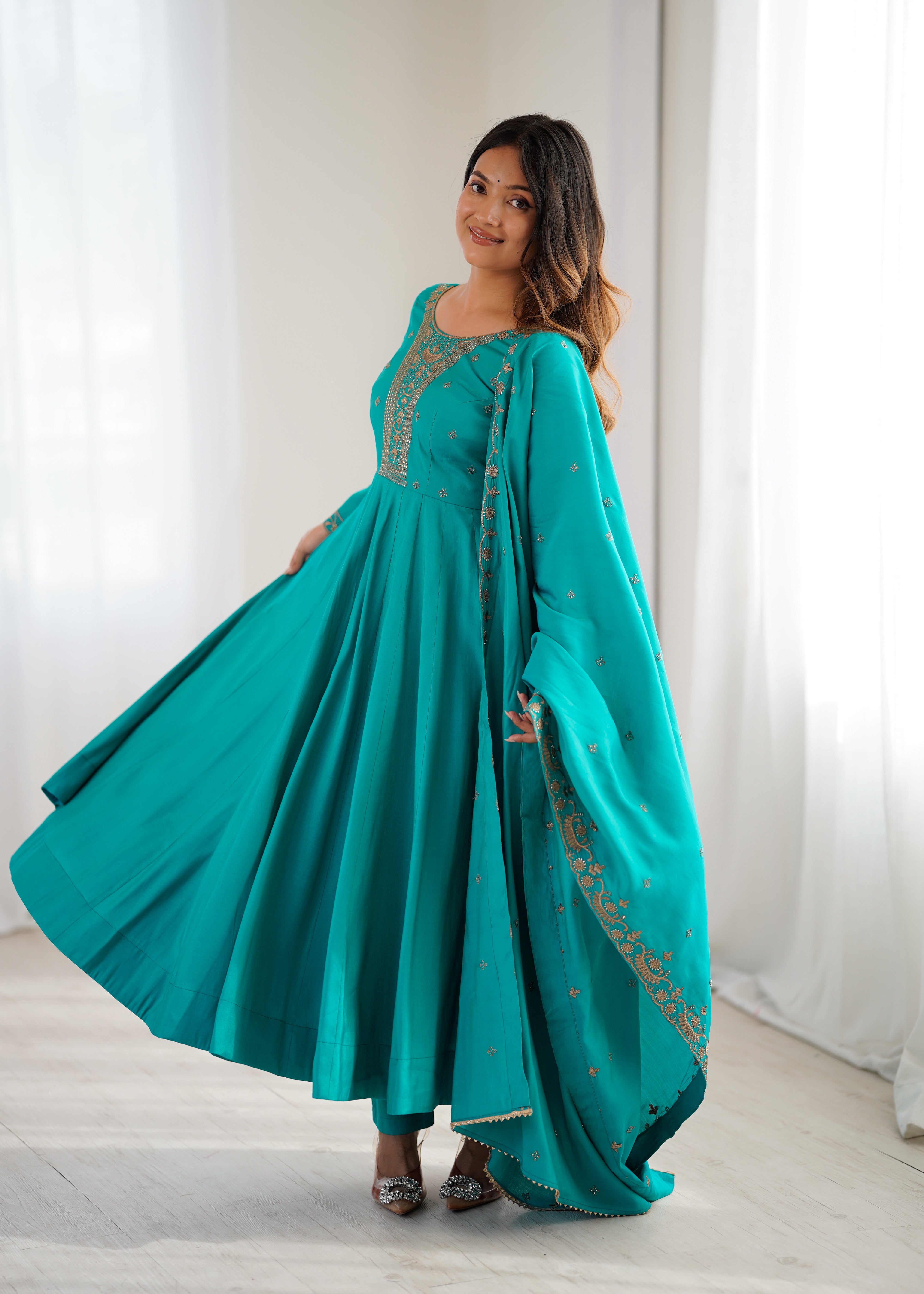 Rama Color Pure Chanderi Silk Three Piece Anarkali Suit