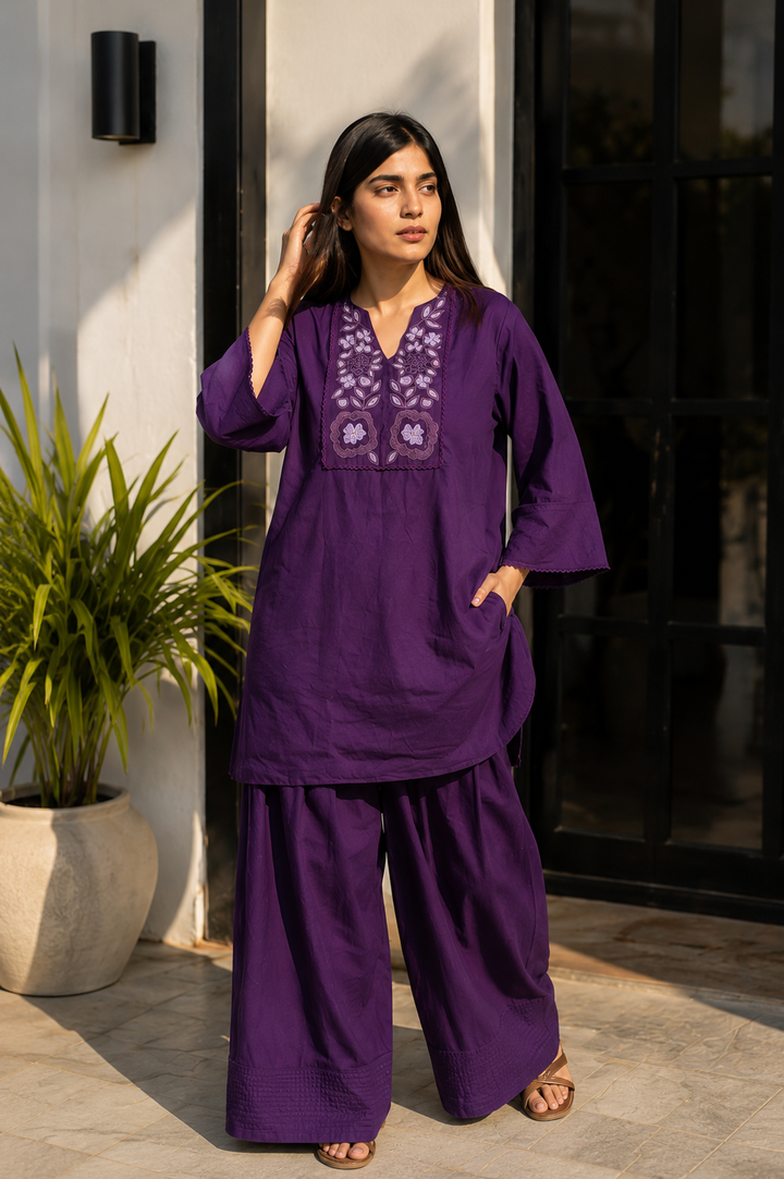 Mulberry Purple Embroided Farshi Coord Set