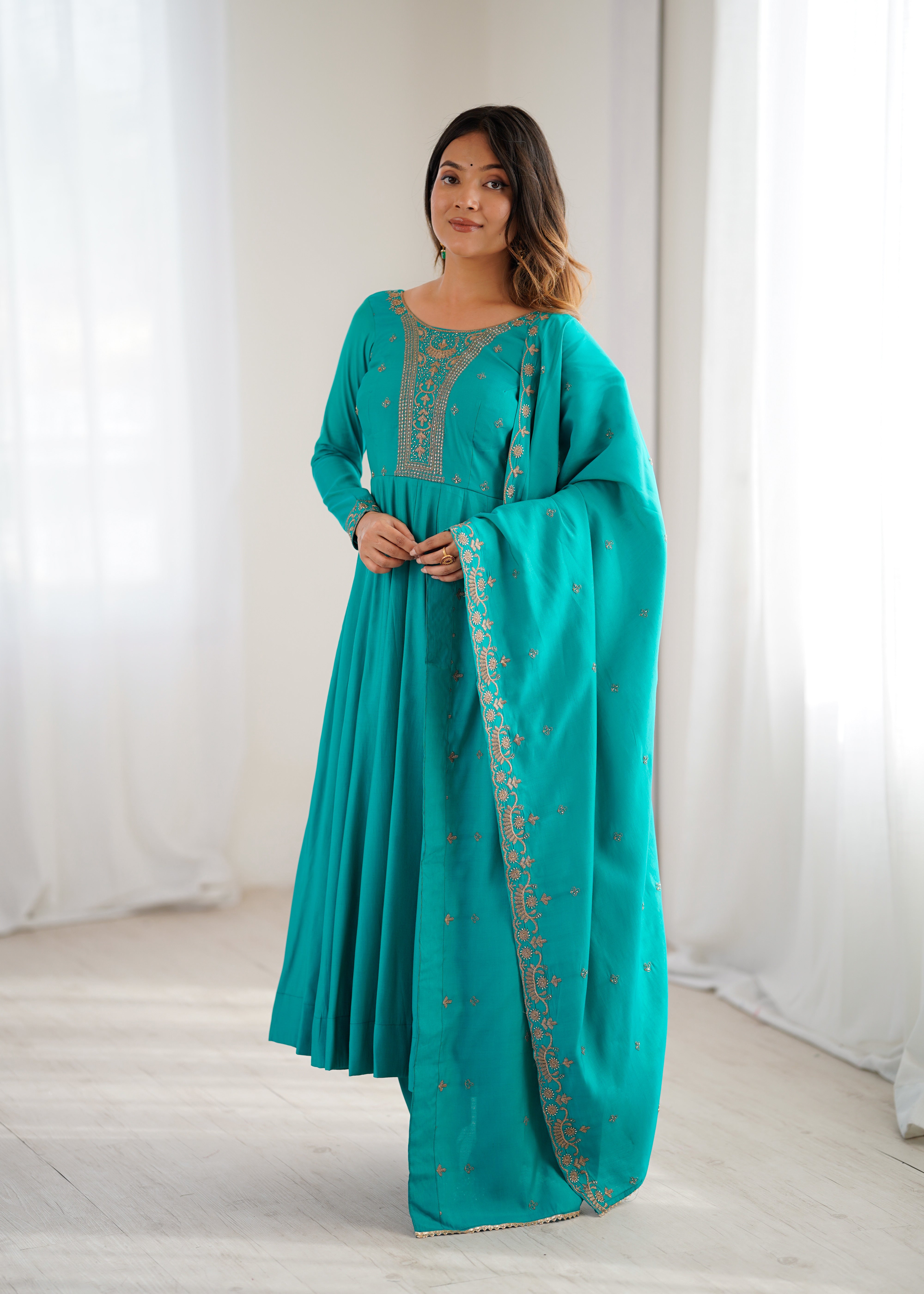 Rama Color Pure Chanderi Silk Three Piece Anarkali Suit