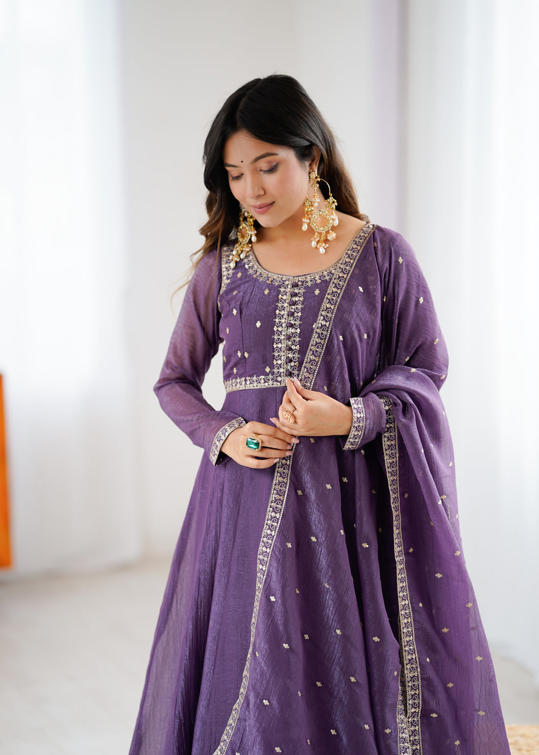 PURPLE Crunchy Silk With Embroidery ANARKALI SUIT