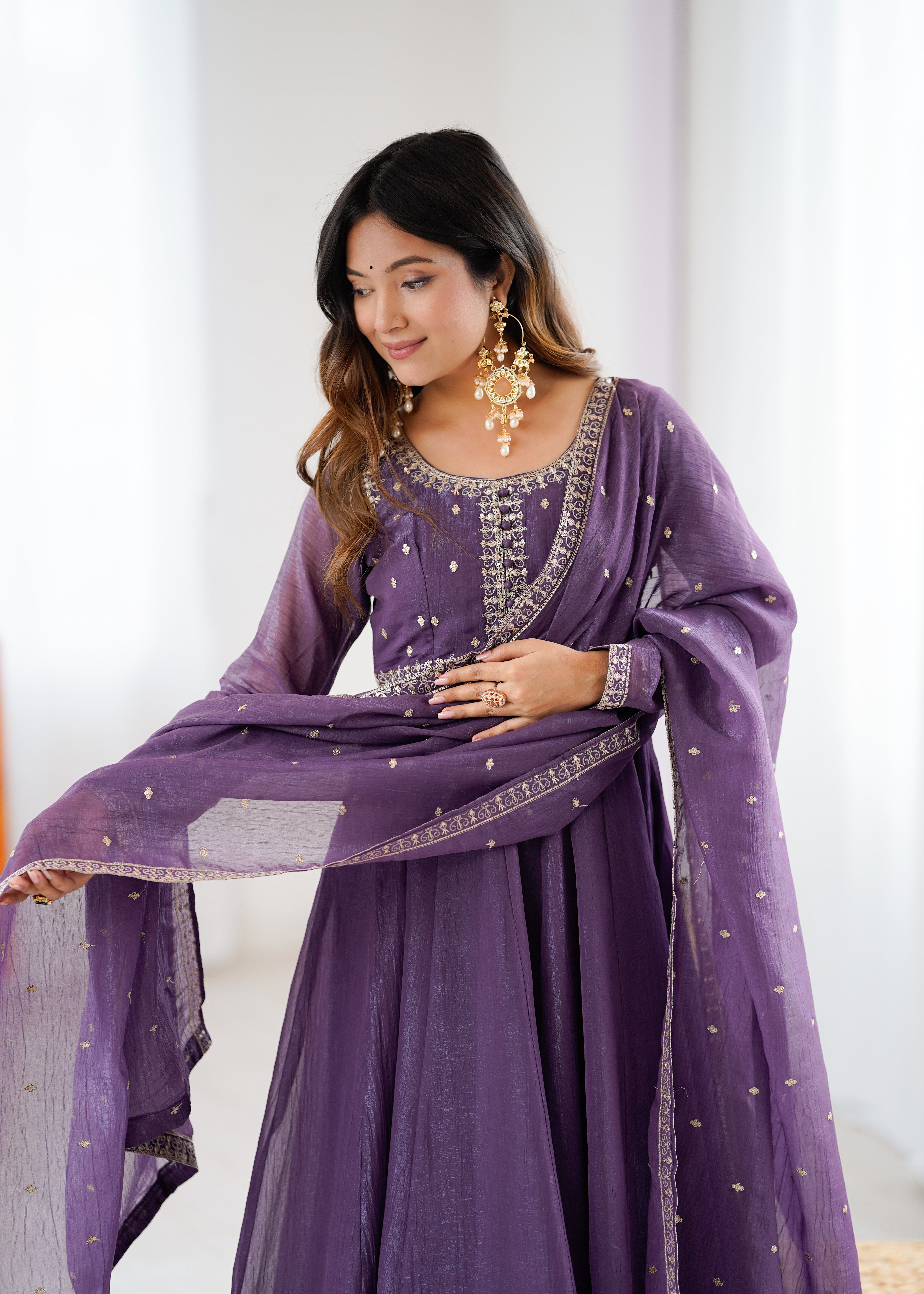 PURPLE Crunchy Silk With Embroidery ANARKALI SUIT