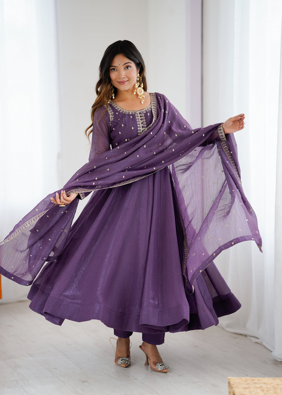 PURPLE Crunchy Silk With Embroidery ANARKALI SUIT
