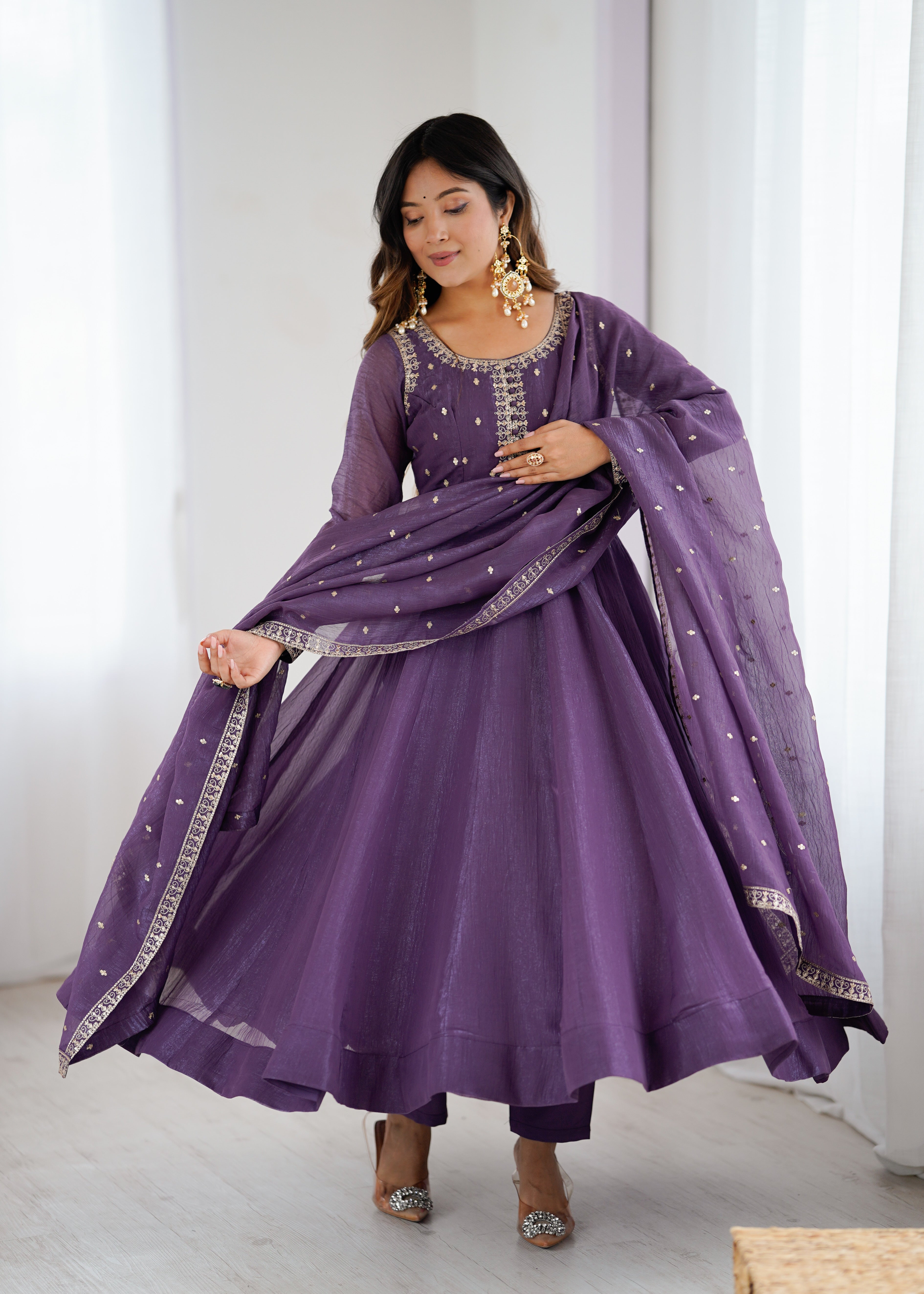 PURPLE Crunchy Silk With Embroidery ANARKALI SUIT
