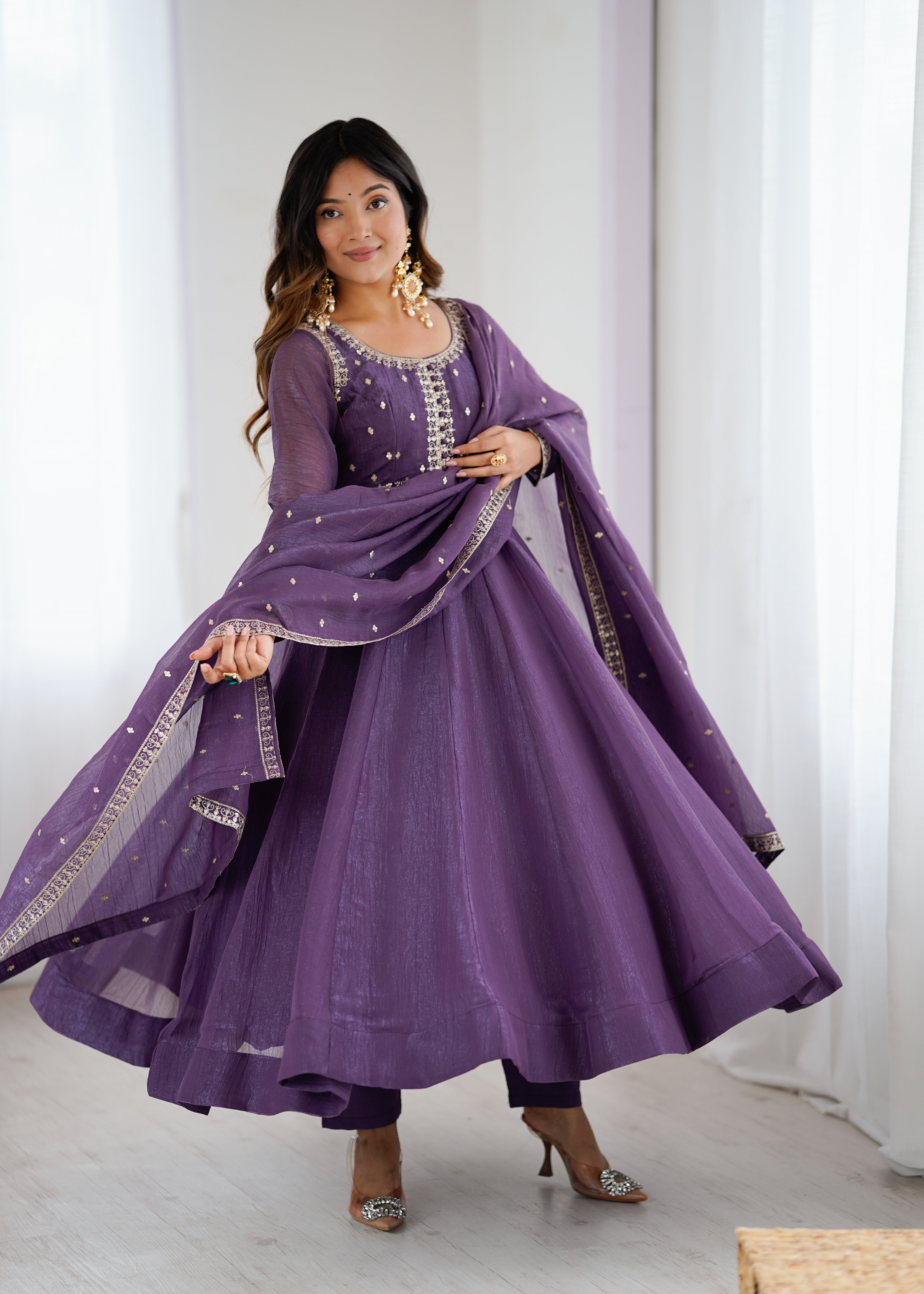 PURPLE Crunchy Silk With Embroidery ANARKALI SUIT