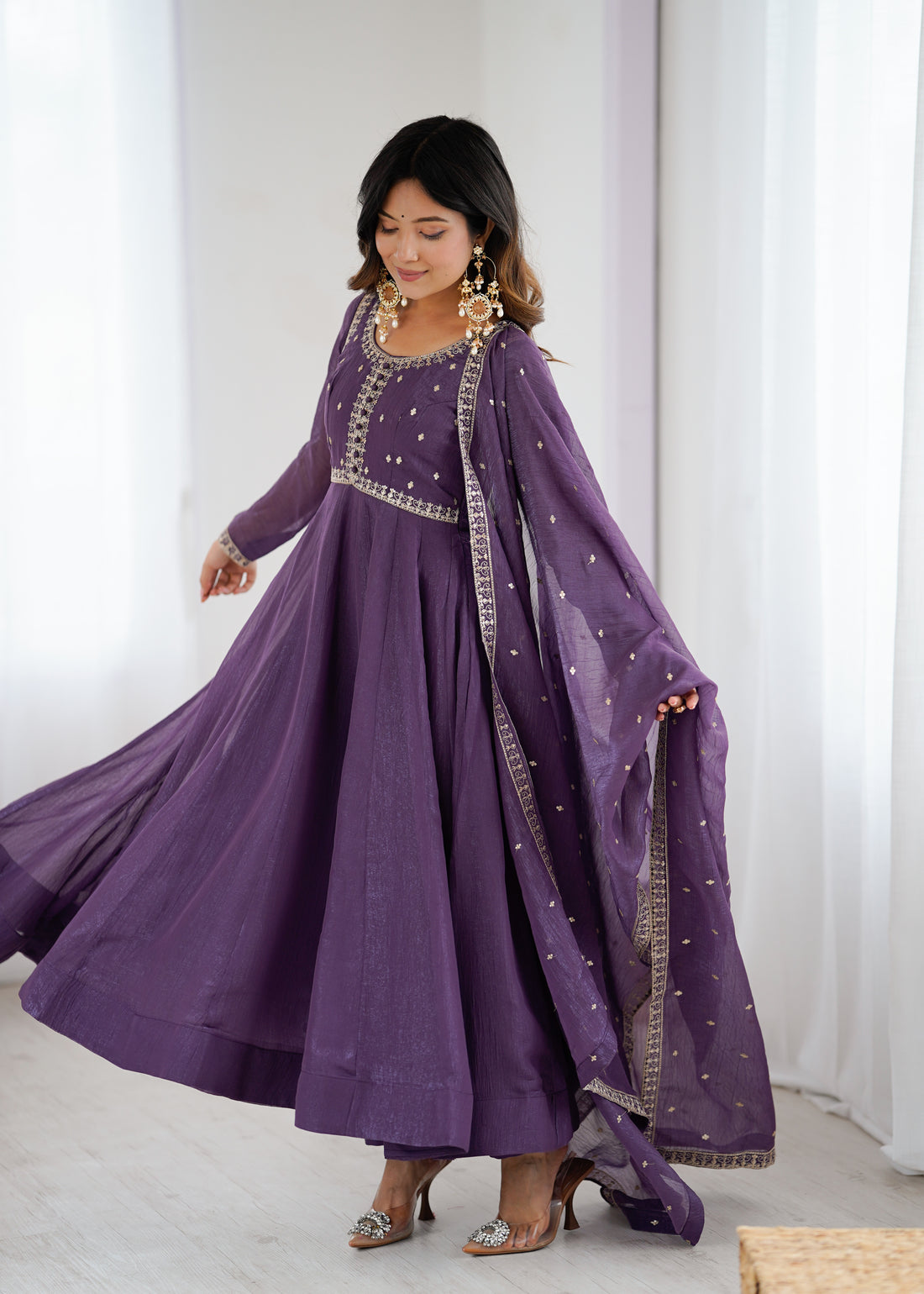 PURPLE Crunchy Silk With Embroidery ANARKALI SUIT