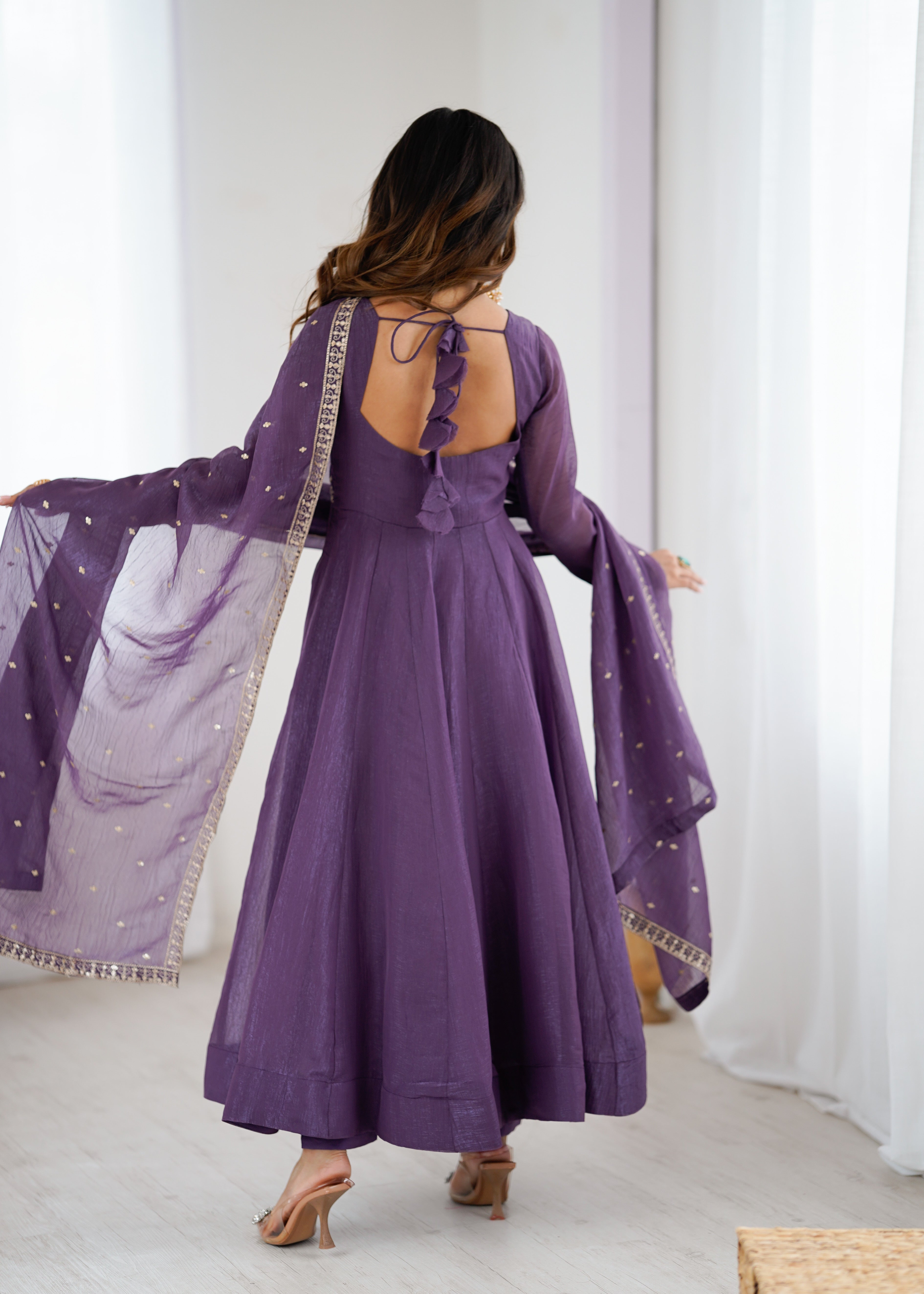 PURPLE Crunchy Silk With Embroidery ANARKALI SUIT