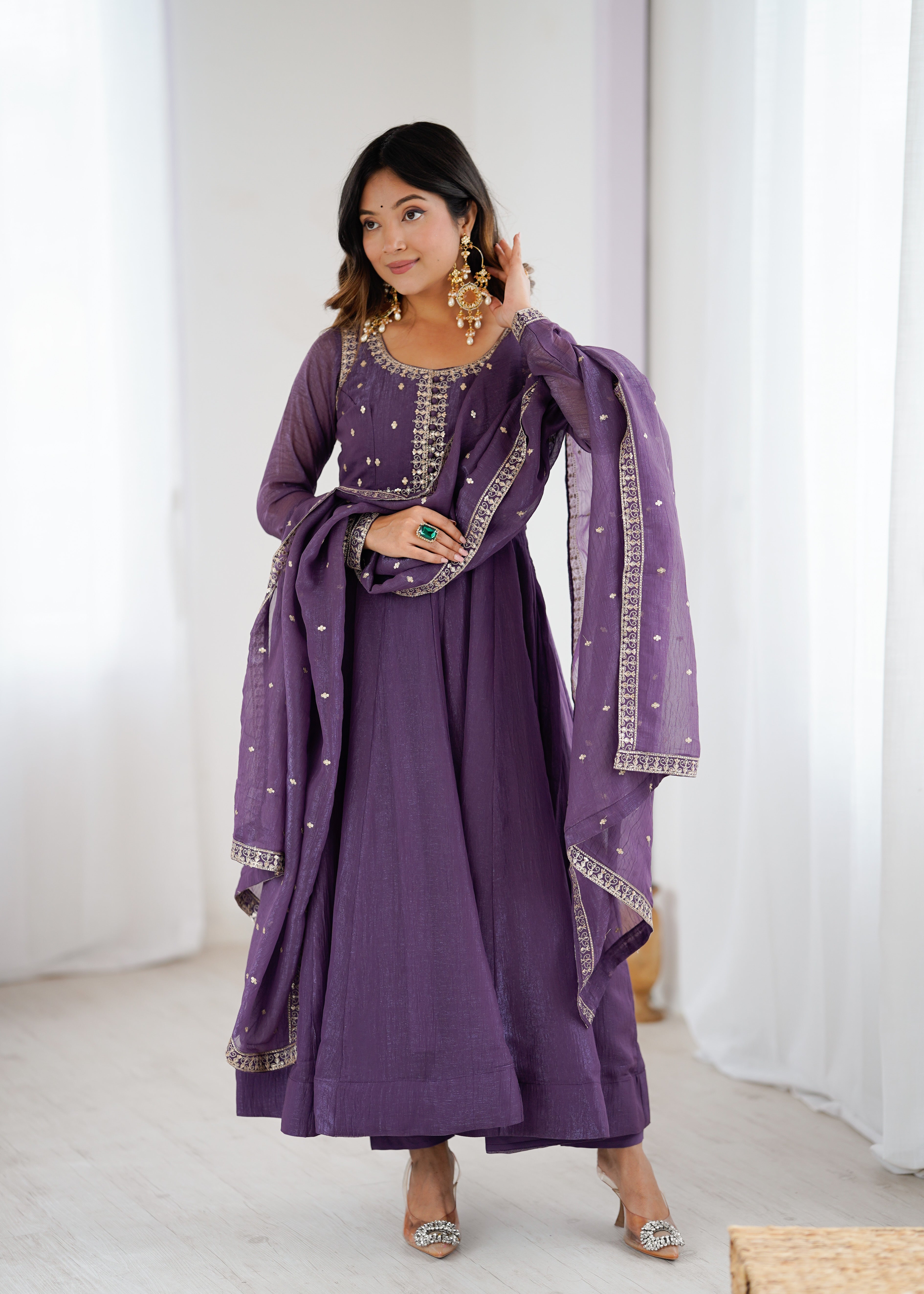 PURPLE Crunchy Silk With Embroidery ANARKALI SUIT