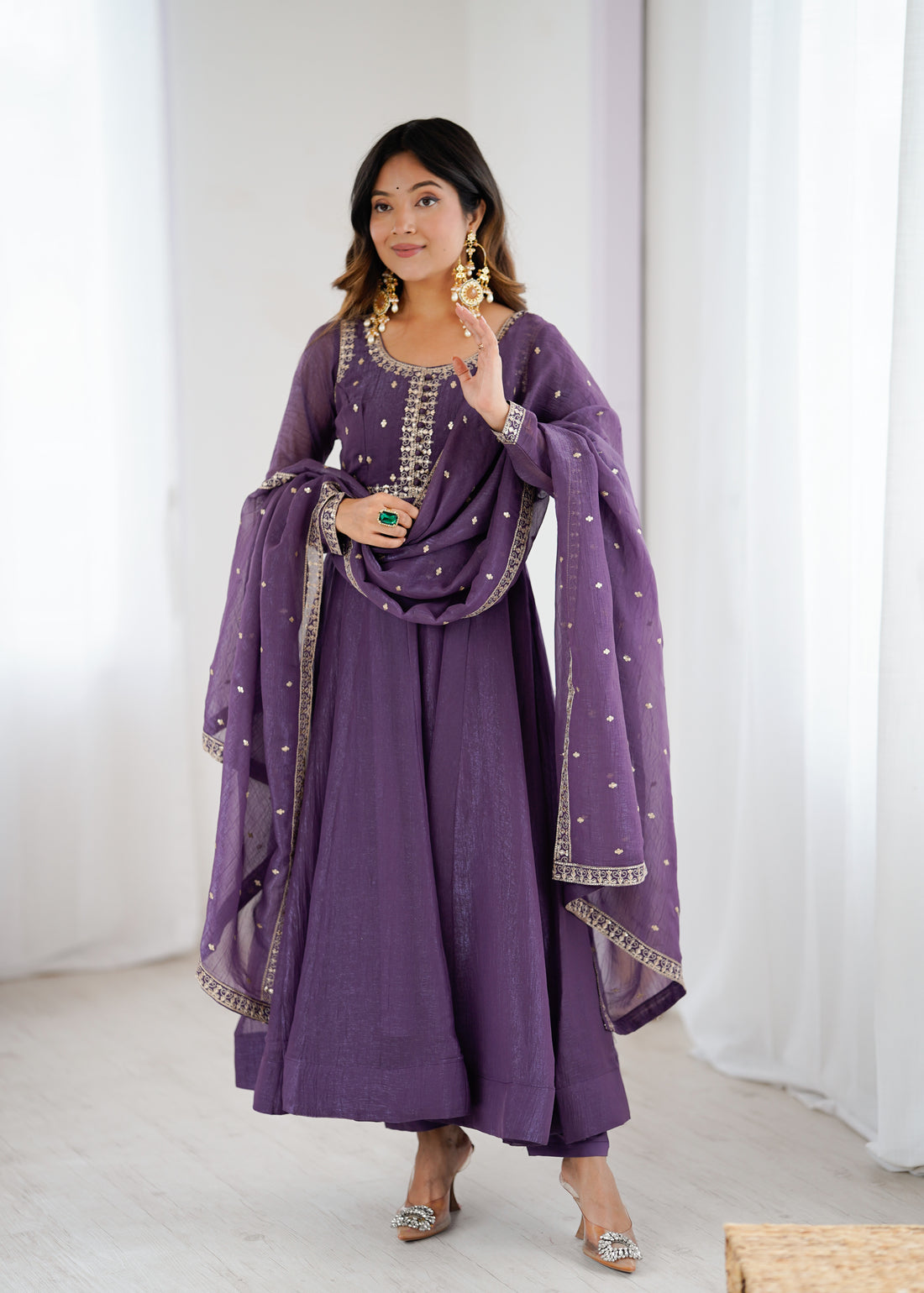 PURPLE Crunchy Silk With Embroidery ANARKALI SUIT