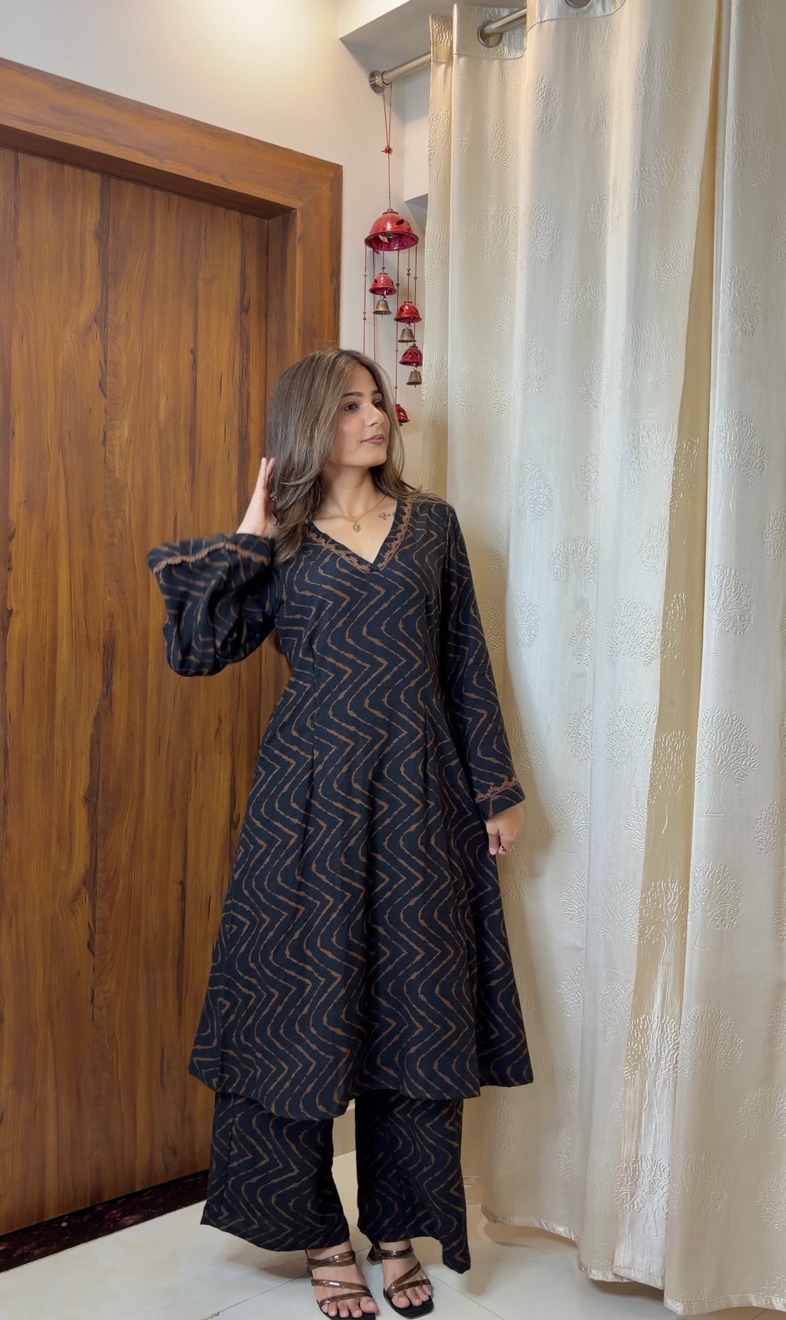 Black Chevron Printed Cotton Kurta Set with Dupatta