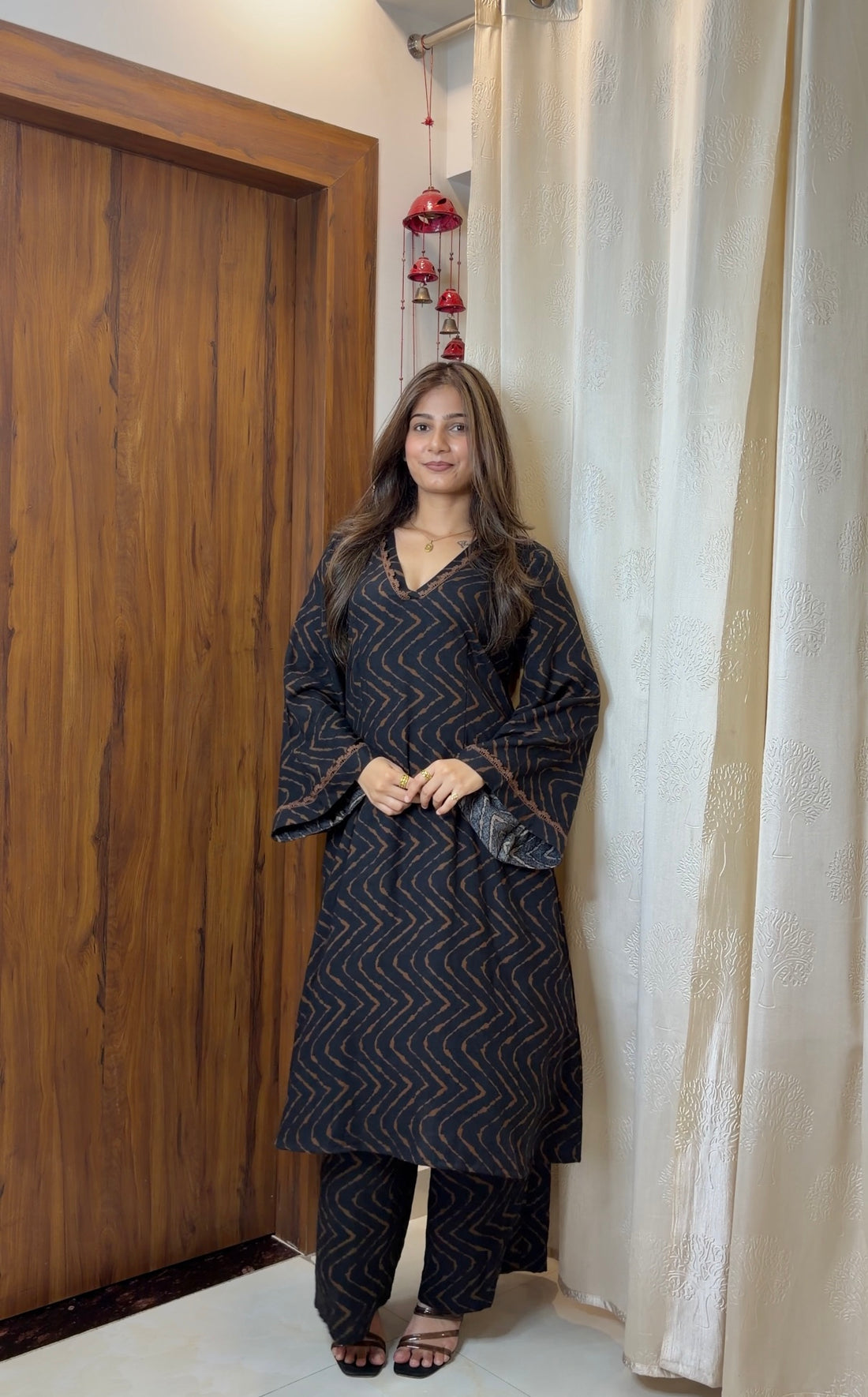Black Chevron Printed Cotton Kurta Set with Dupatta