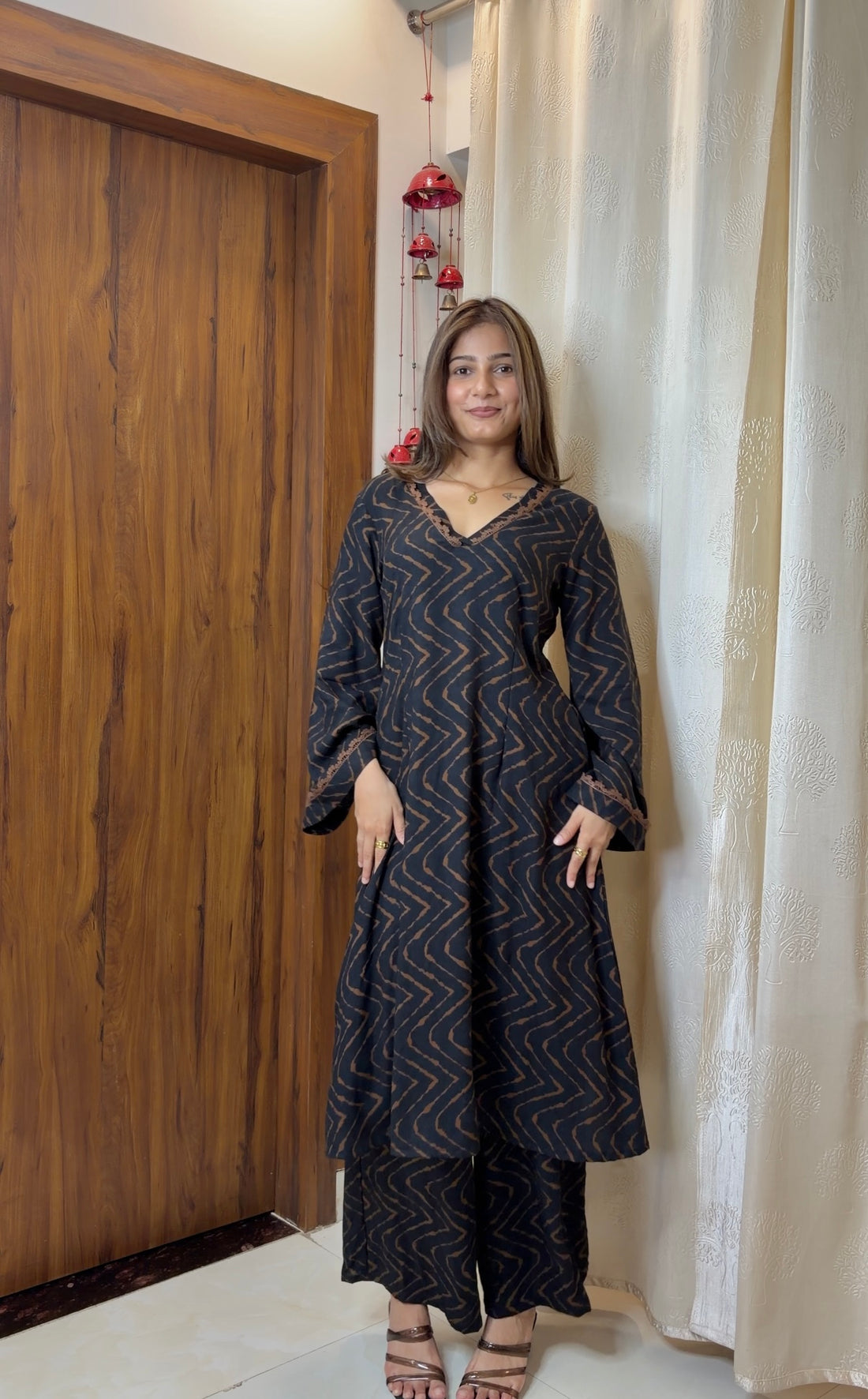 Black Chevron Printed Cotton Kurta Set with Dupatta