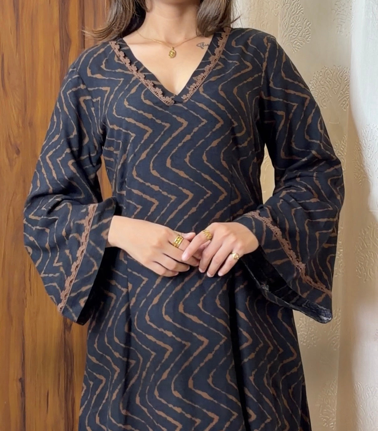 Black Chevron Printed Cotton Kurta Set with Dupatta