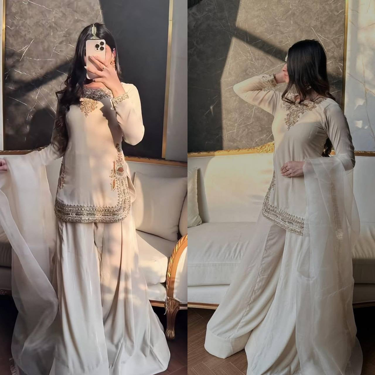 IVORY EMBROIDED SHORT KURTA PALAZZO SET WITH DUPATTA