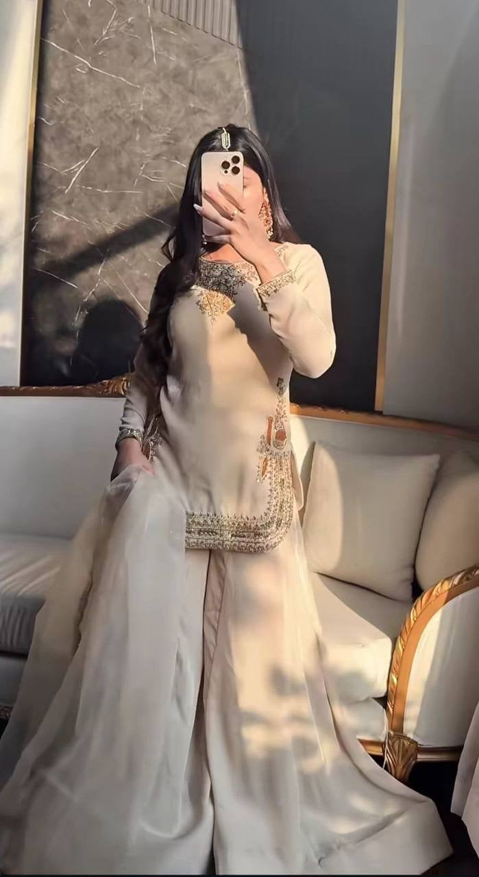 IVORY EMBROIDED SHORT KURTA PALAZZO SET WITH DUPATTA