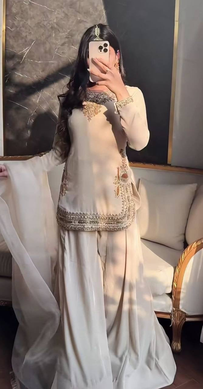 IVORY EMBROIDED SHORT KURTA PALAZZO SET WITH DUPATTA