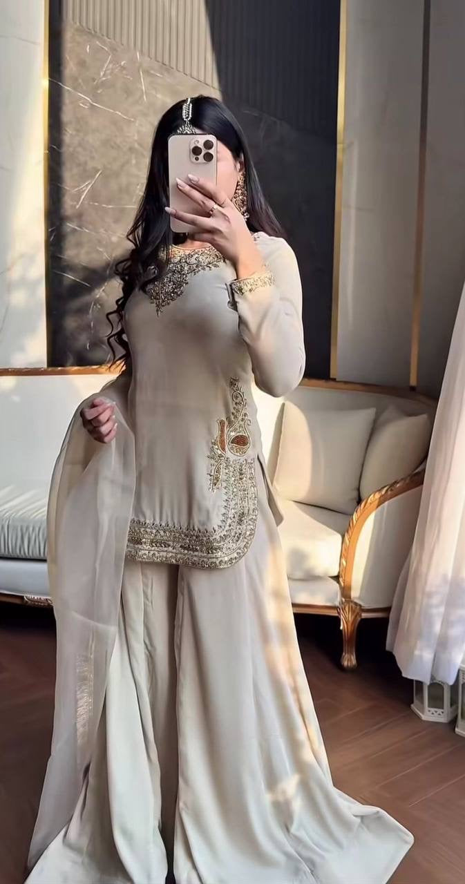 IVORY EMBROIDED SHORT KURTA PALAZZO SET WITH DUPATTA